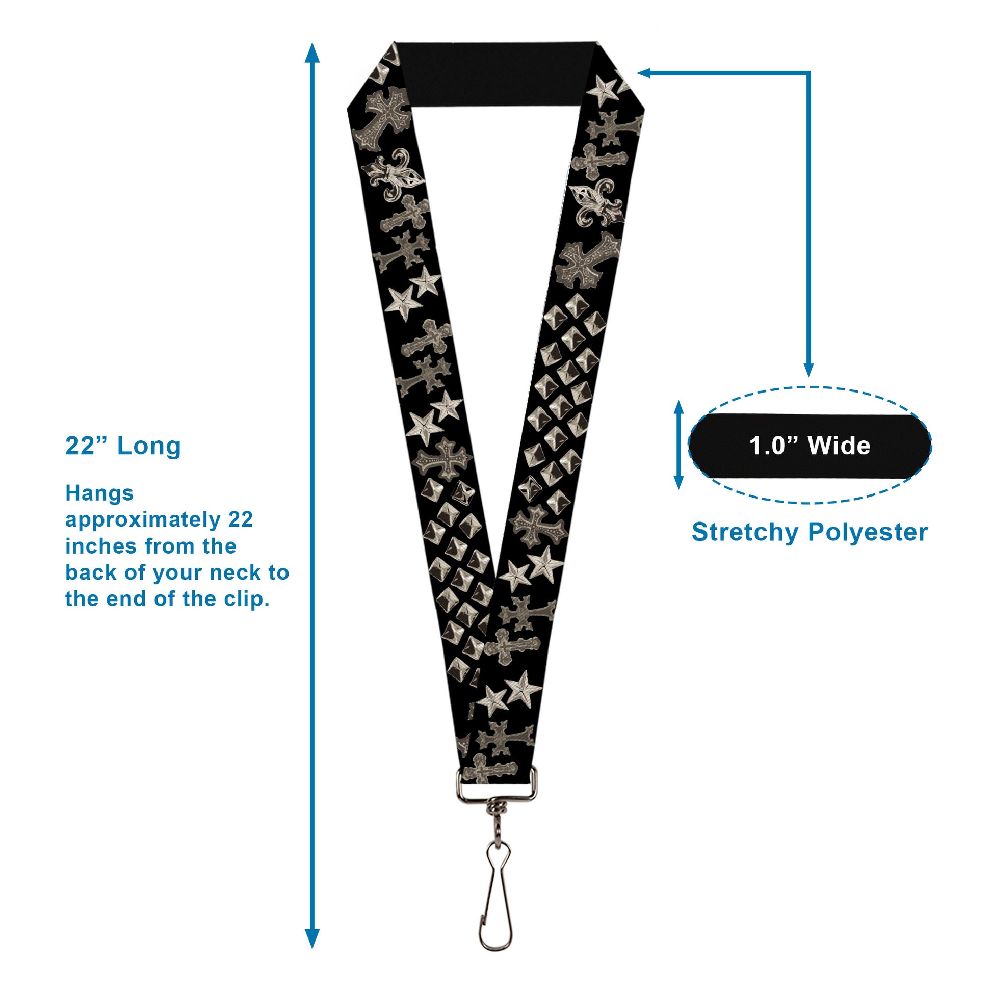 Lanyard - 1.0" - Elegant Crosses Stars Studs Black Grays Lanyards Buckle-Down