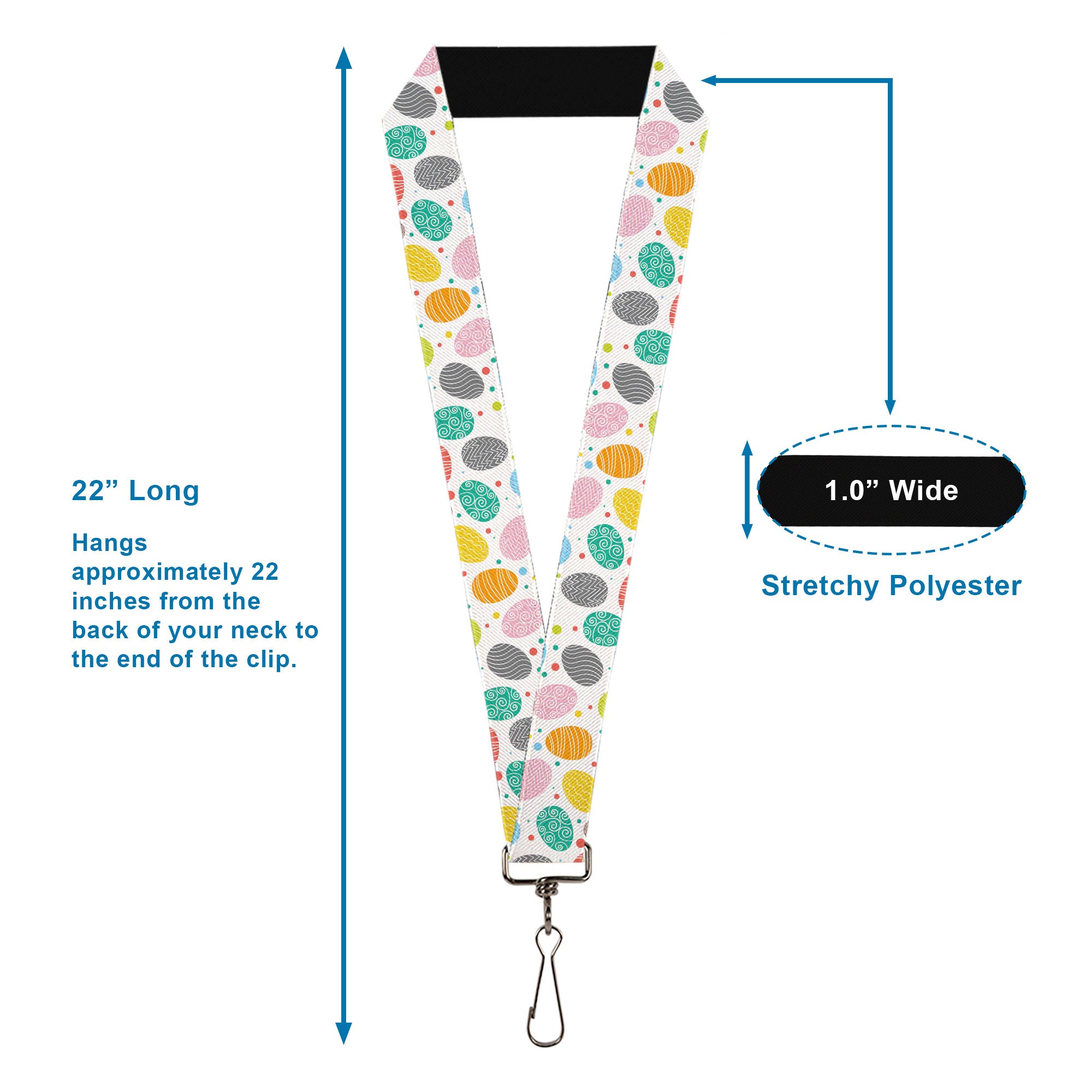 Lanyard - 1.0" - Easter Eggs Decorated Eggs Scattered White/Multi Color Lanyards Buckle-Down