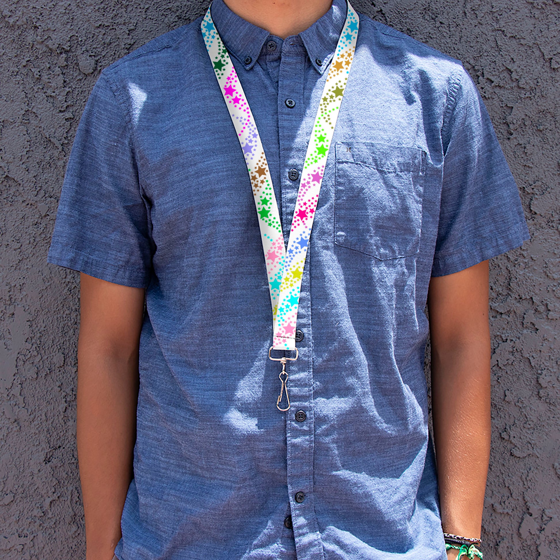 Lanyard - 1.0" - Falling Stars White Multi Color Lanyards Buckle-Down