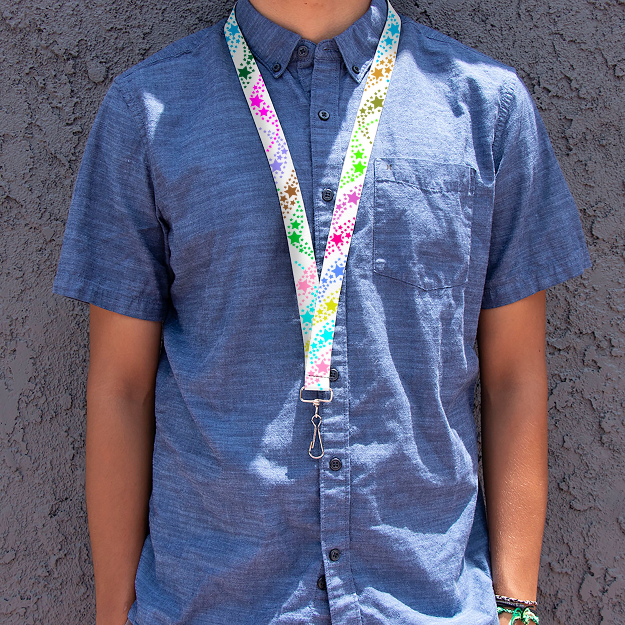 Lanyard - 1.0" - Falling Stars White Multi Color Lanyards Buckle-Down