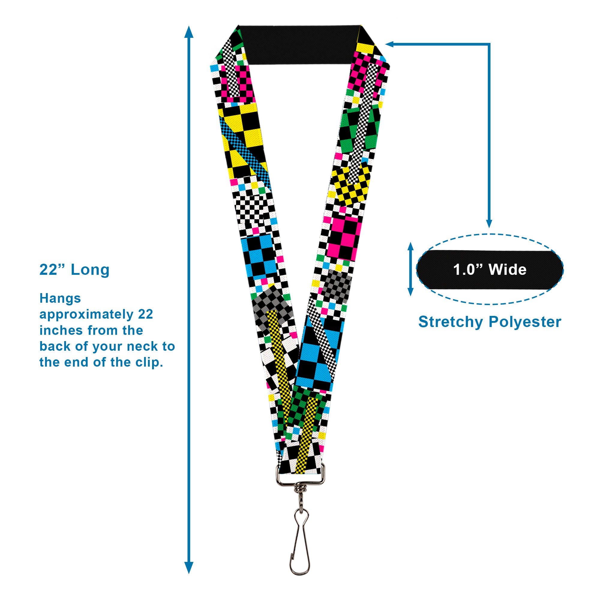 Lanyard - 1.0" - Funky Checkers Black White Neon Lanyards Buckle-Down
