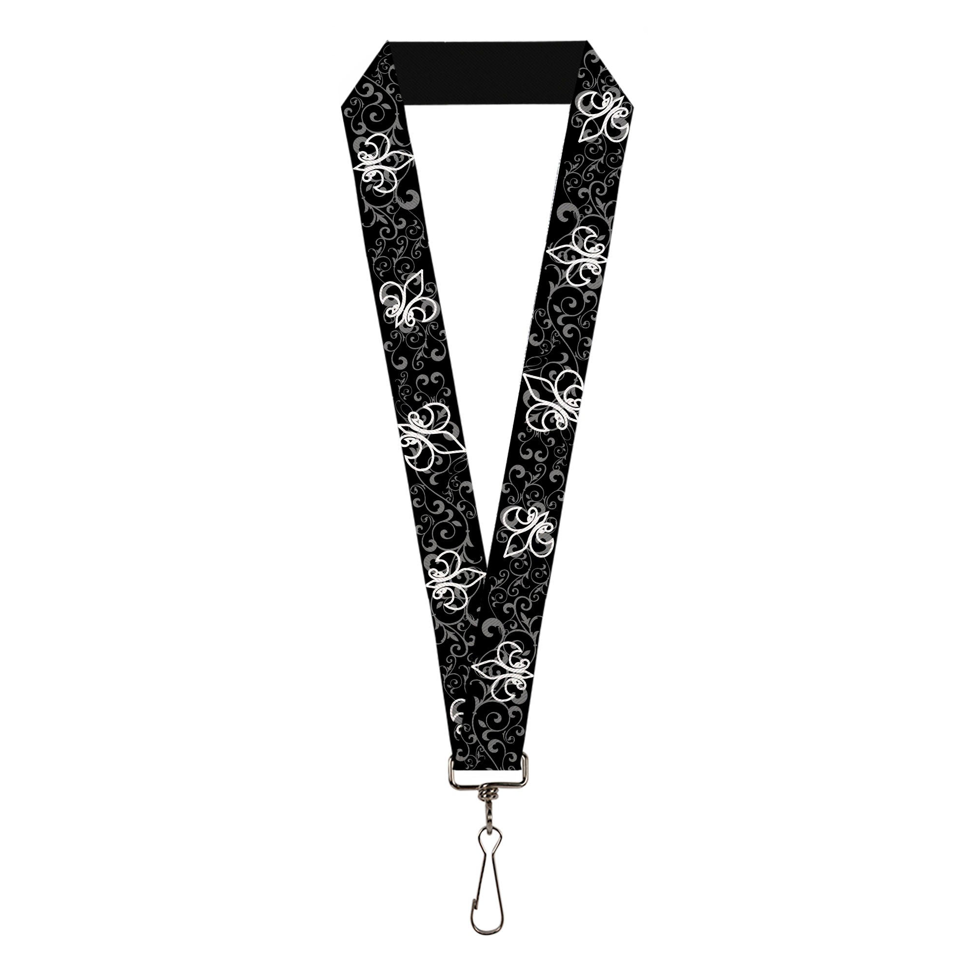 Lanyard - 1.0" - Fleur-de-Lis Outline w Filigree Black Gray Lanyards Buckle-Down