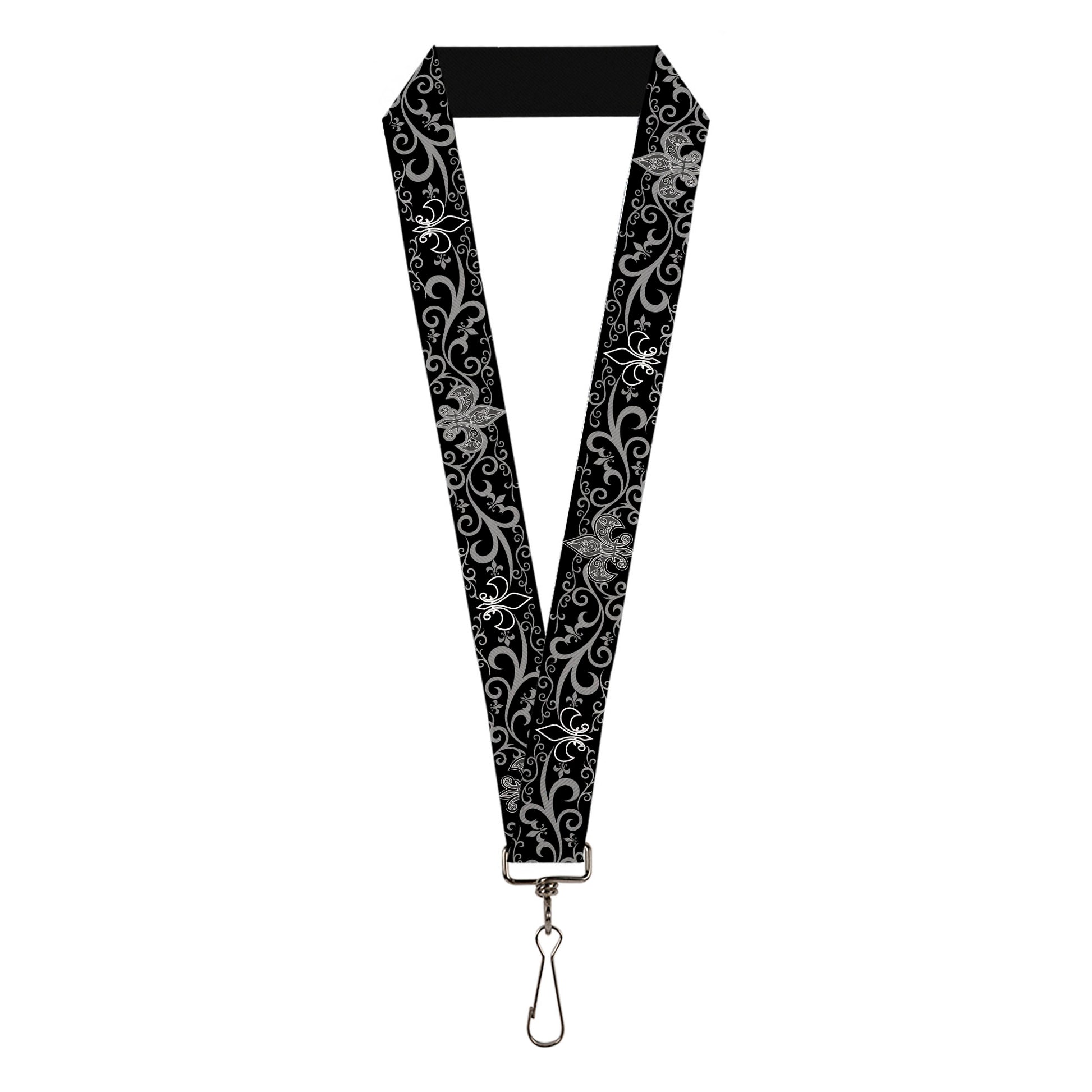 Lanyard - 1.0" - Fleur-de-Lis w Filigree Black Gray Lanyards Buckle-Down