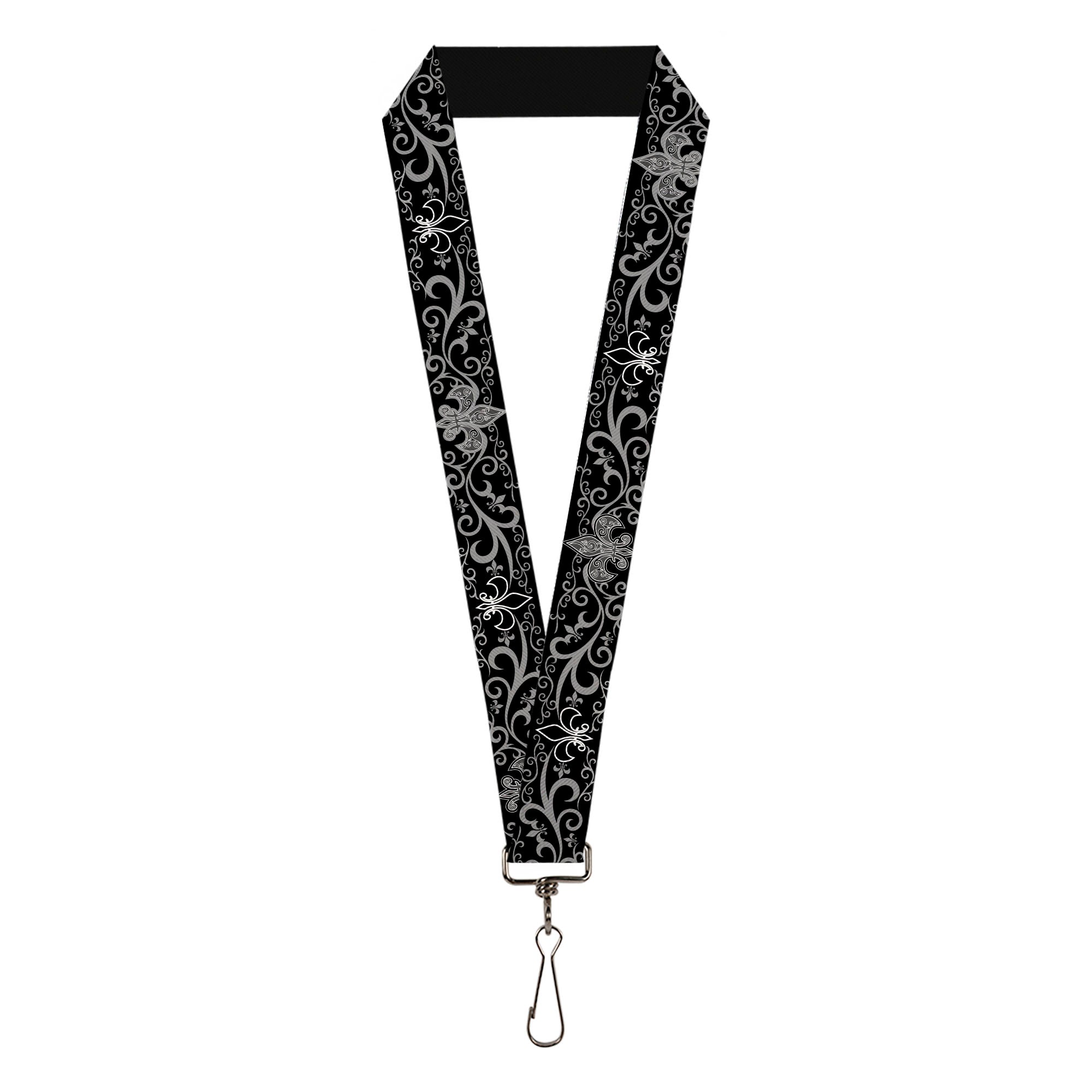 Lanyard - 1.0" - Fleur-de-Lis w Filigree Black Gray Lanyards Buckle-Down