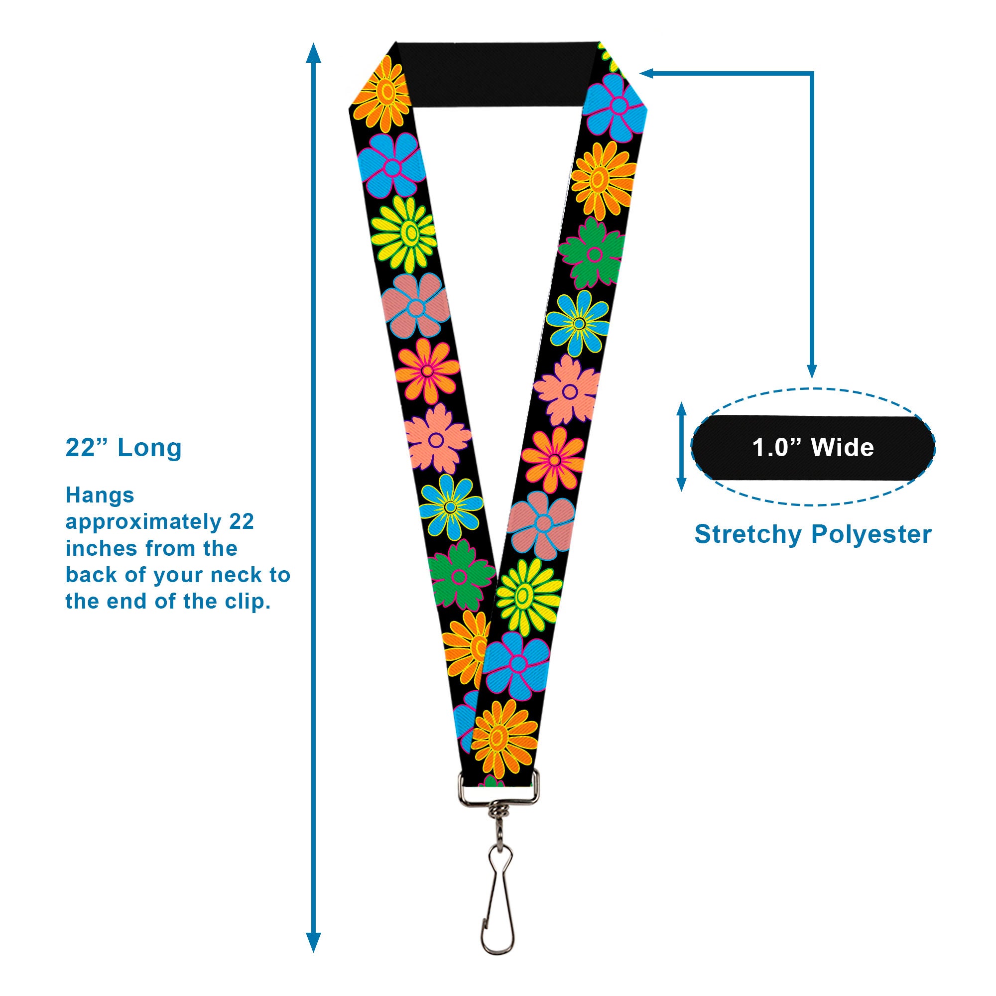 Lanyard - 1.0" - Flowers Black Multi Color Lanyards Buckle-Down