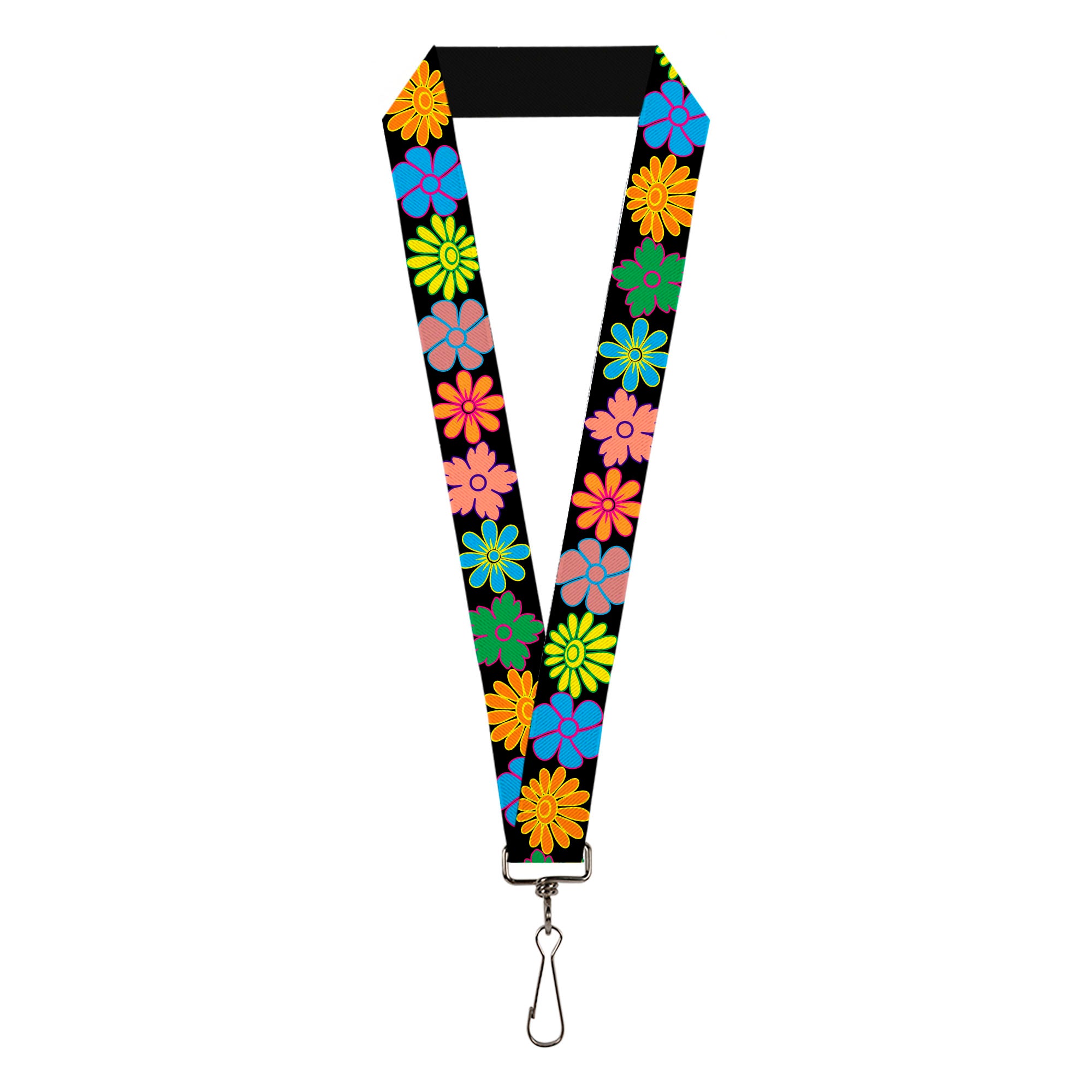 Lanyard - 1.0" - Flowers Black Multi Color Lanyards Buckle-Down