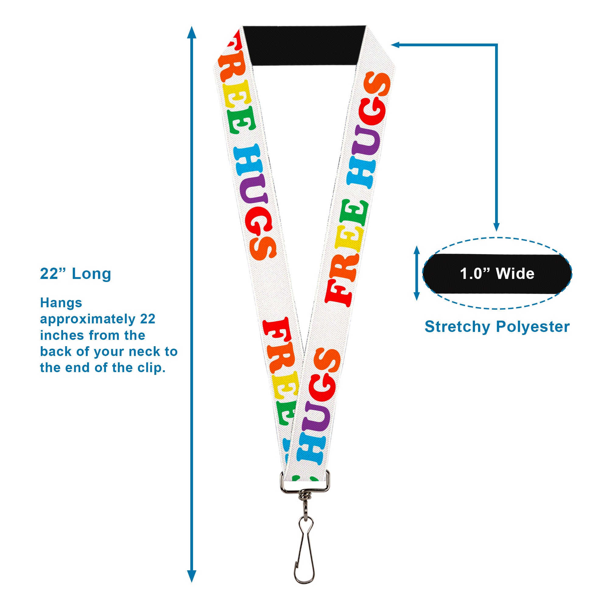 Lanyard - 1.0" - FREE HUGS White Multi Color Lanyards Buckle-Down
