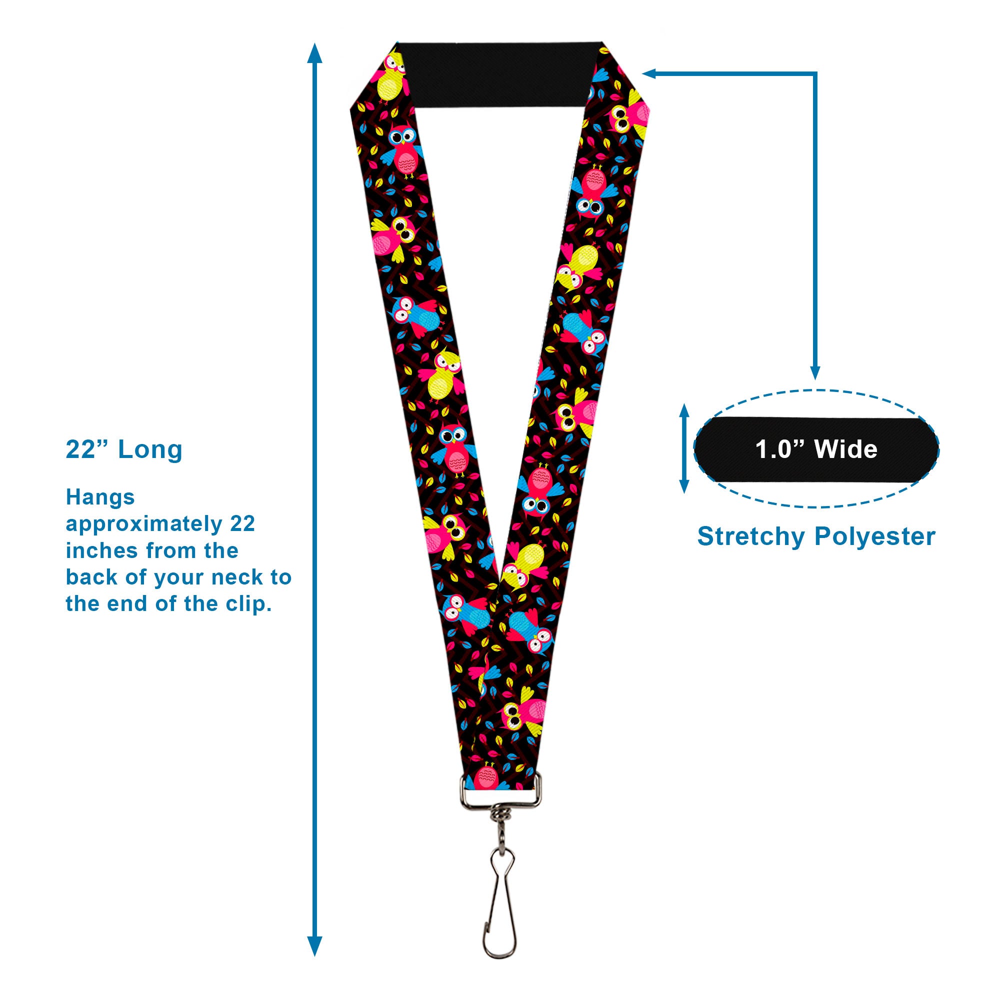 Lanyard - 1.0" - Flying Owls w Leaves Black Multi Color Lanyards Buckle-Down
