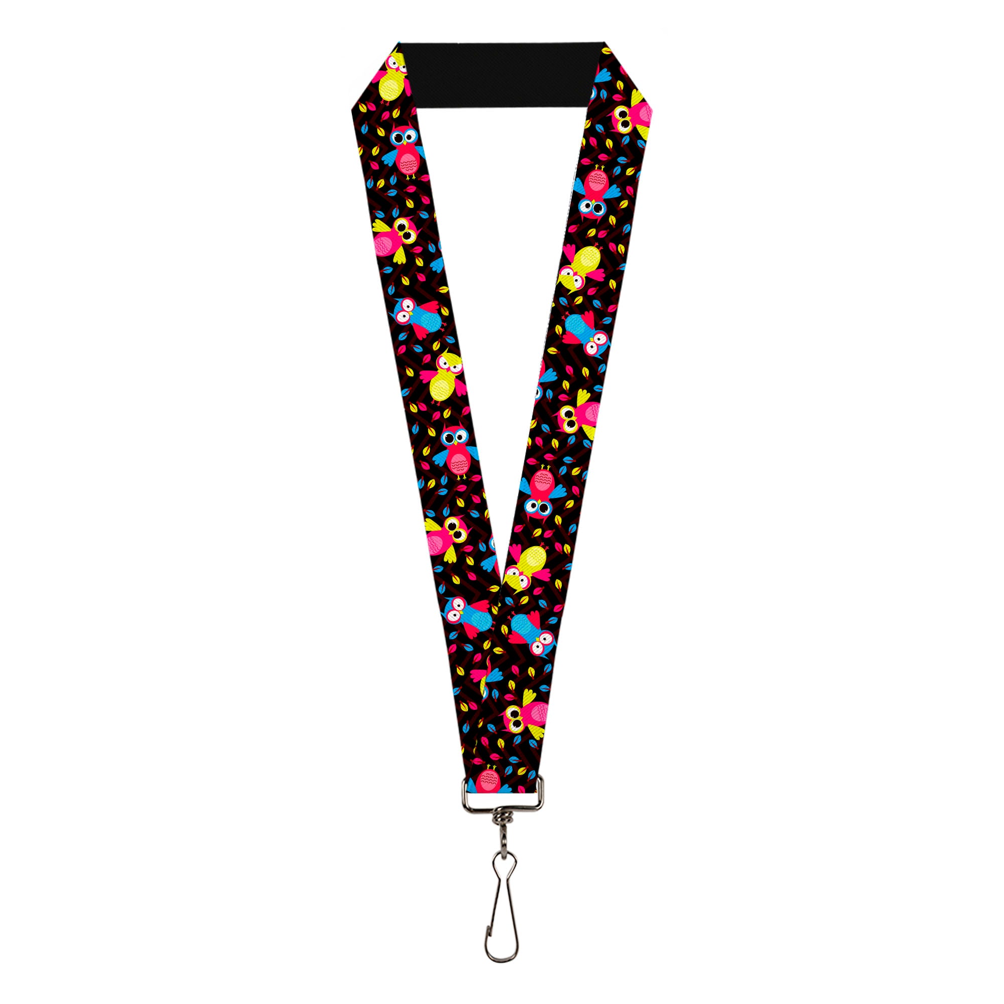 Lanyard - 1.0" - Flying Owls w Leaves Black Multi Color Lanyards Buckle-Down