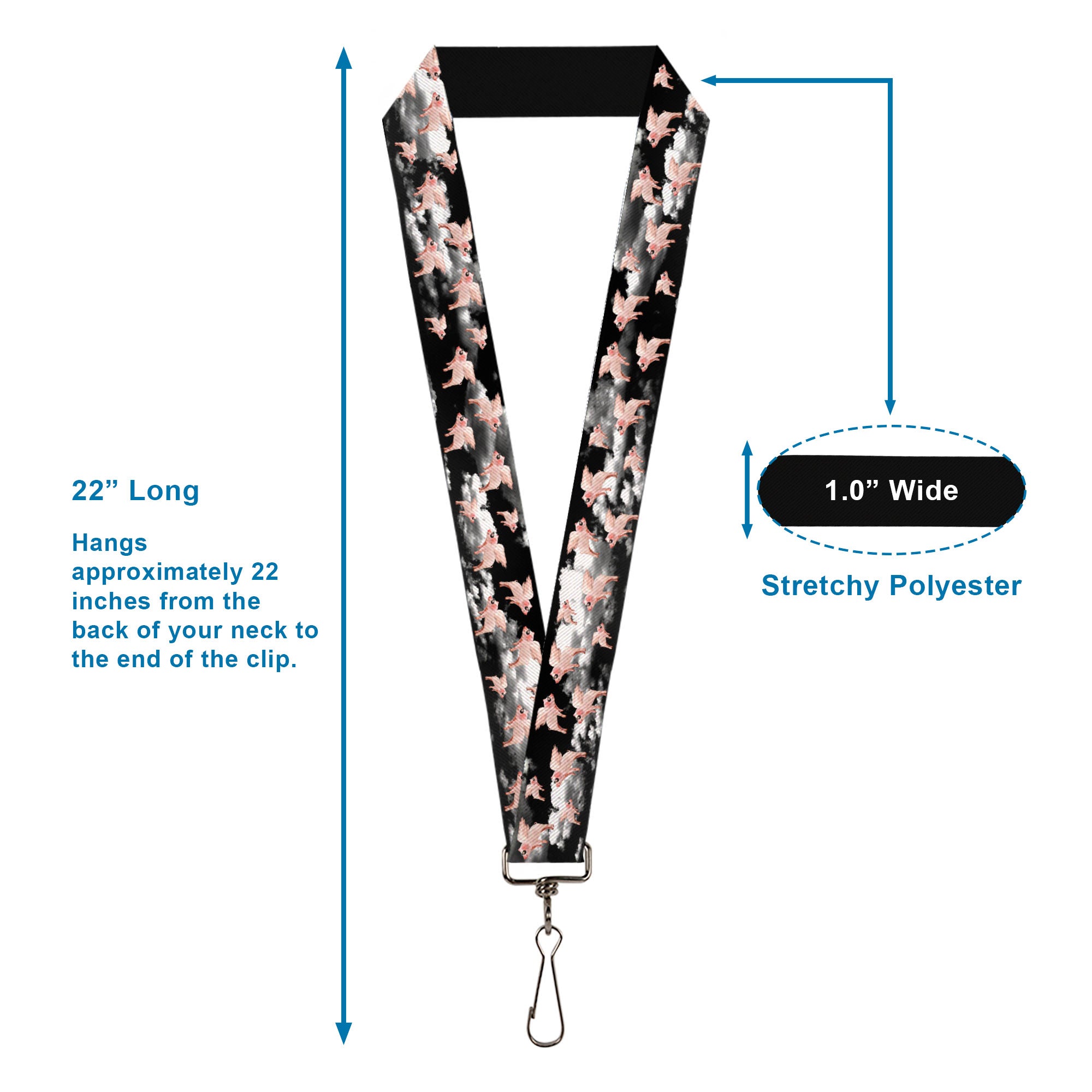Lanyard - 1.0" - Flying Pigs Black White Pink Lanyards Buckle-Down