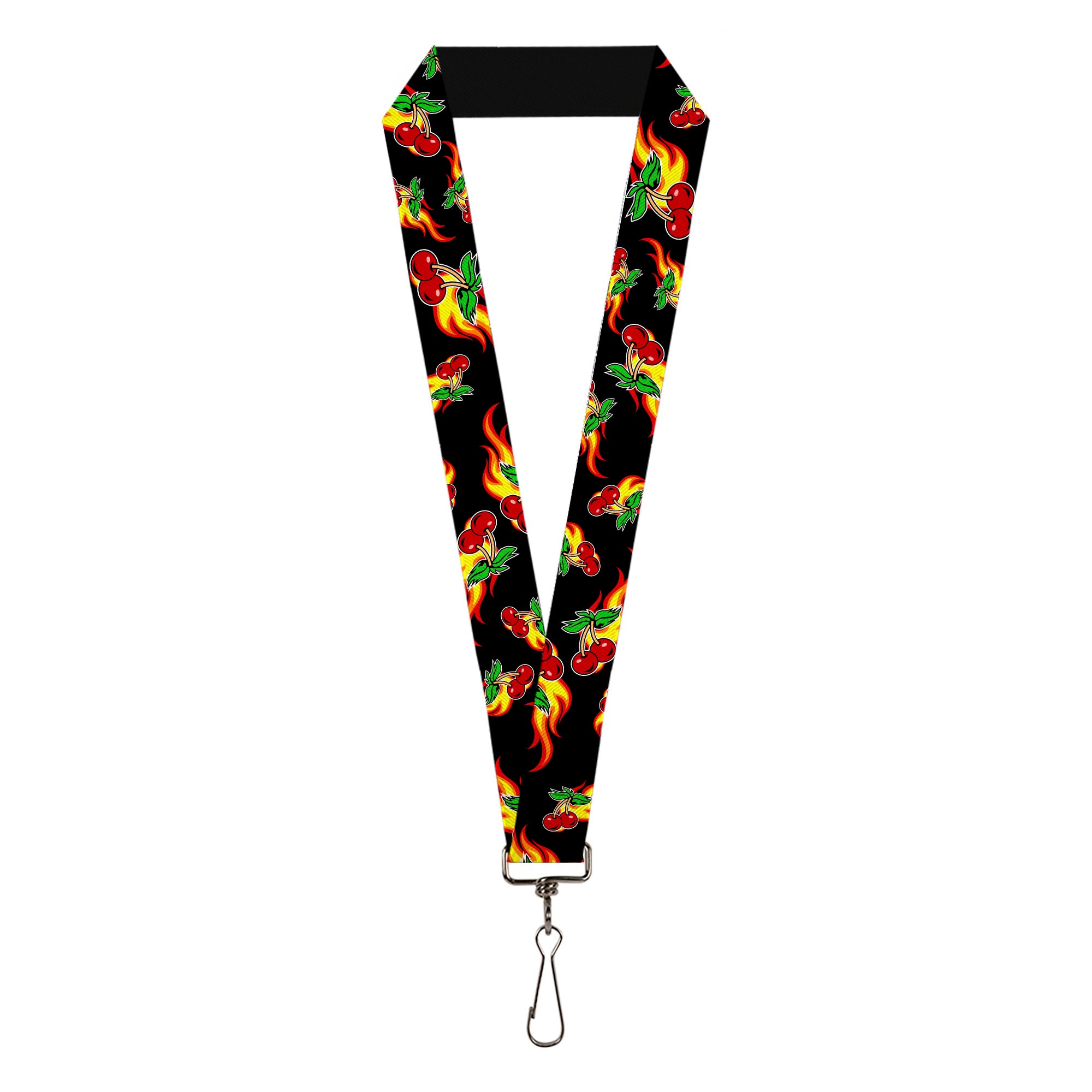Lanyard - 1.0" - Flaming Cherries Scattered Black Lanyards Buckle-Down