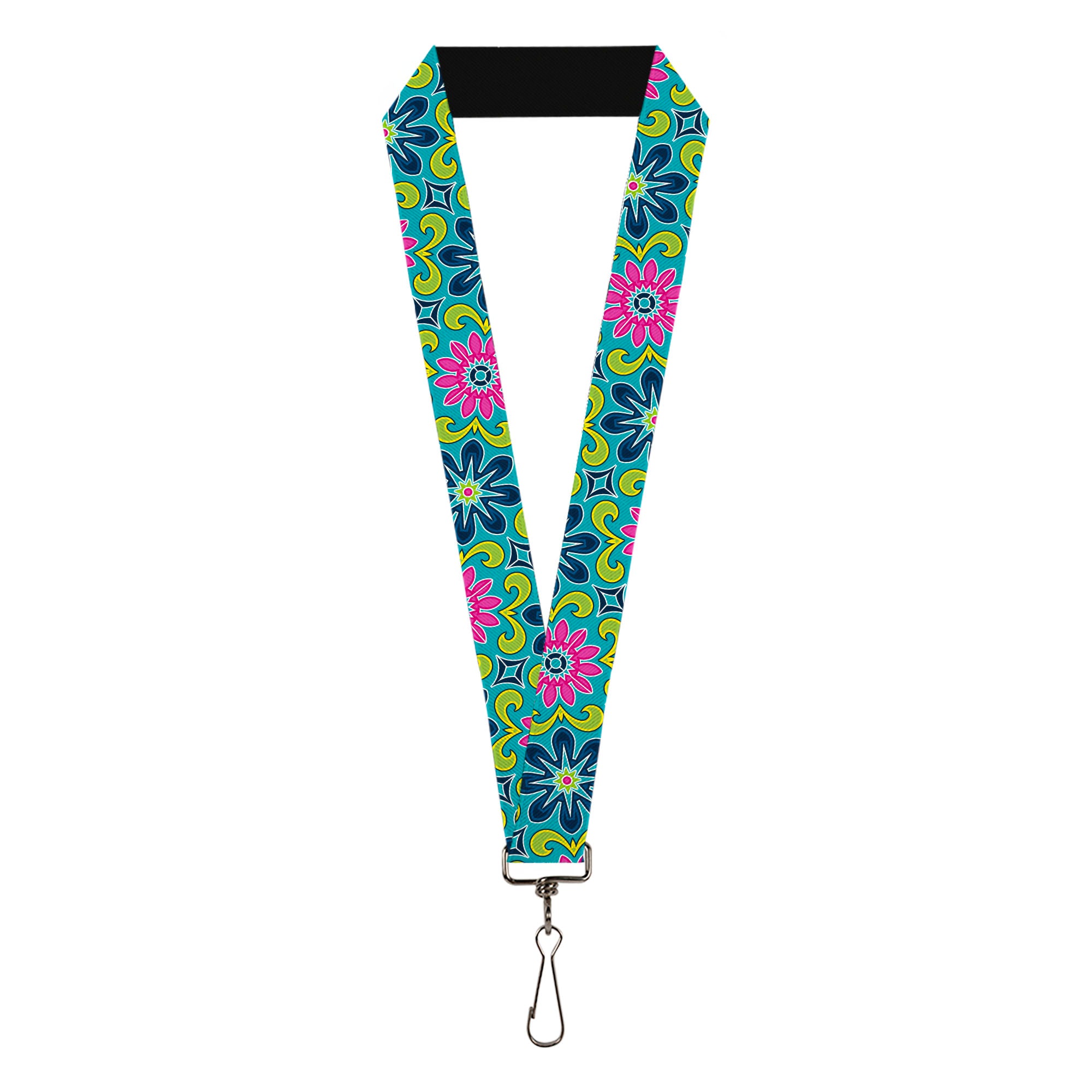 Lanyard - 1.0" - Floral Burst Turquoise Blues Pinks Yellow Green Lanyards Buckle-Down