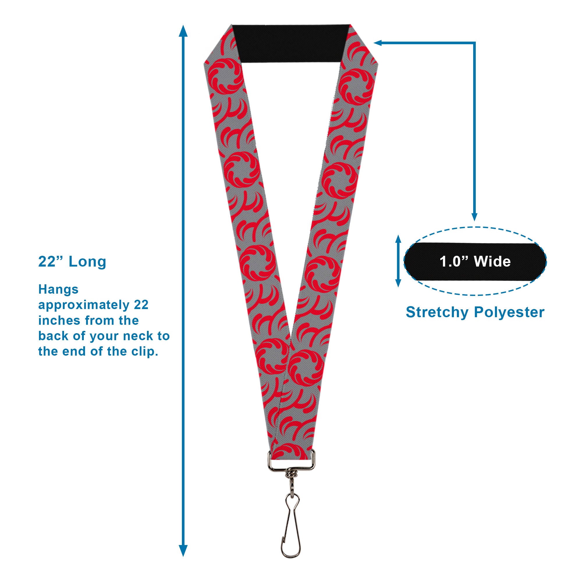 Lanyard - 1.0" - Floral Pinwheel CLOSE-UP Gray Red Lanyards Buckle-Down