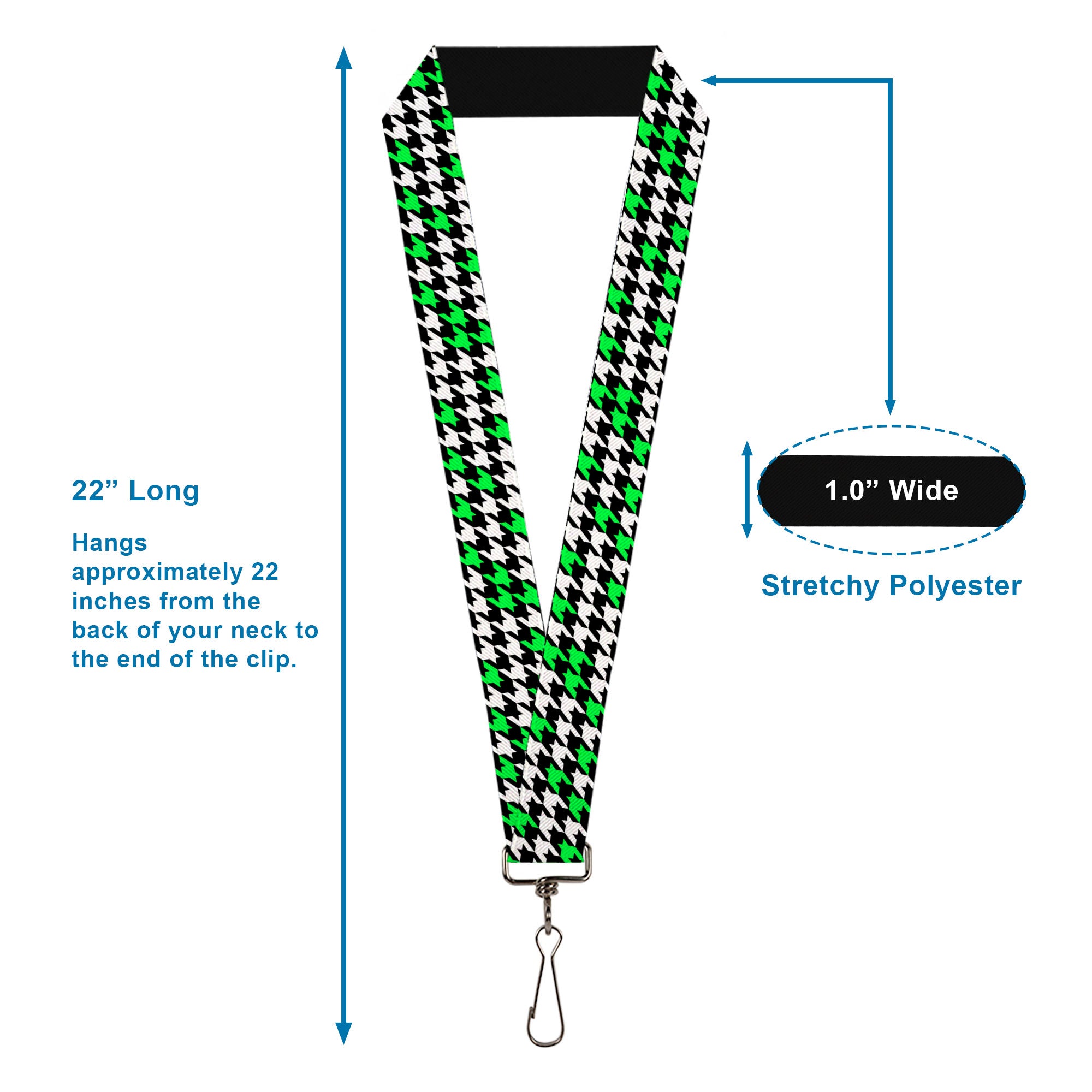 Lanyard - 1.0" - Houndstooth Black White Neon Green Lanyards Buckle-Down