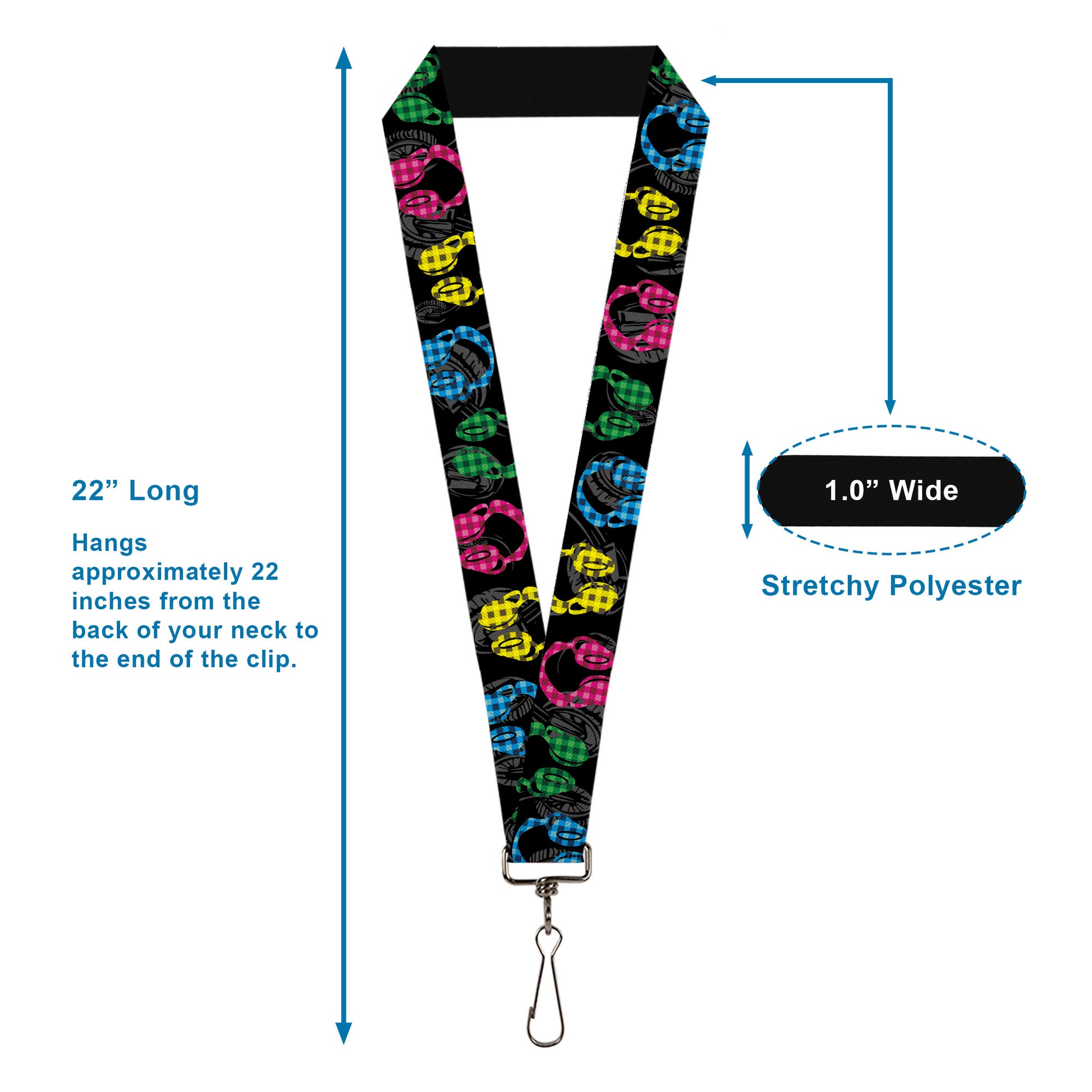 Lanyard - 1.0" - Headphones Buffalo Plaid Black Neon Lanyards Buckle-Down