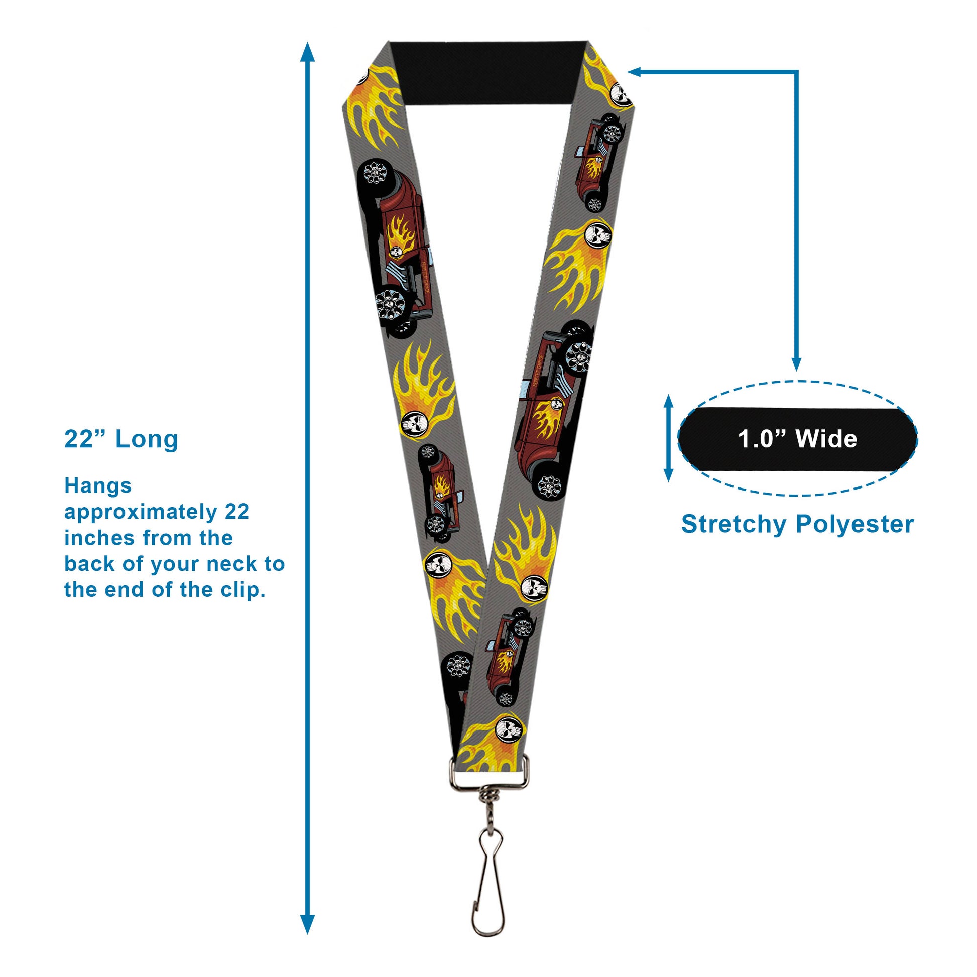 Lanyard - 1.0" - Hot Rod w Flame Skull Lanyards Buckle-Down