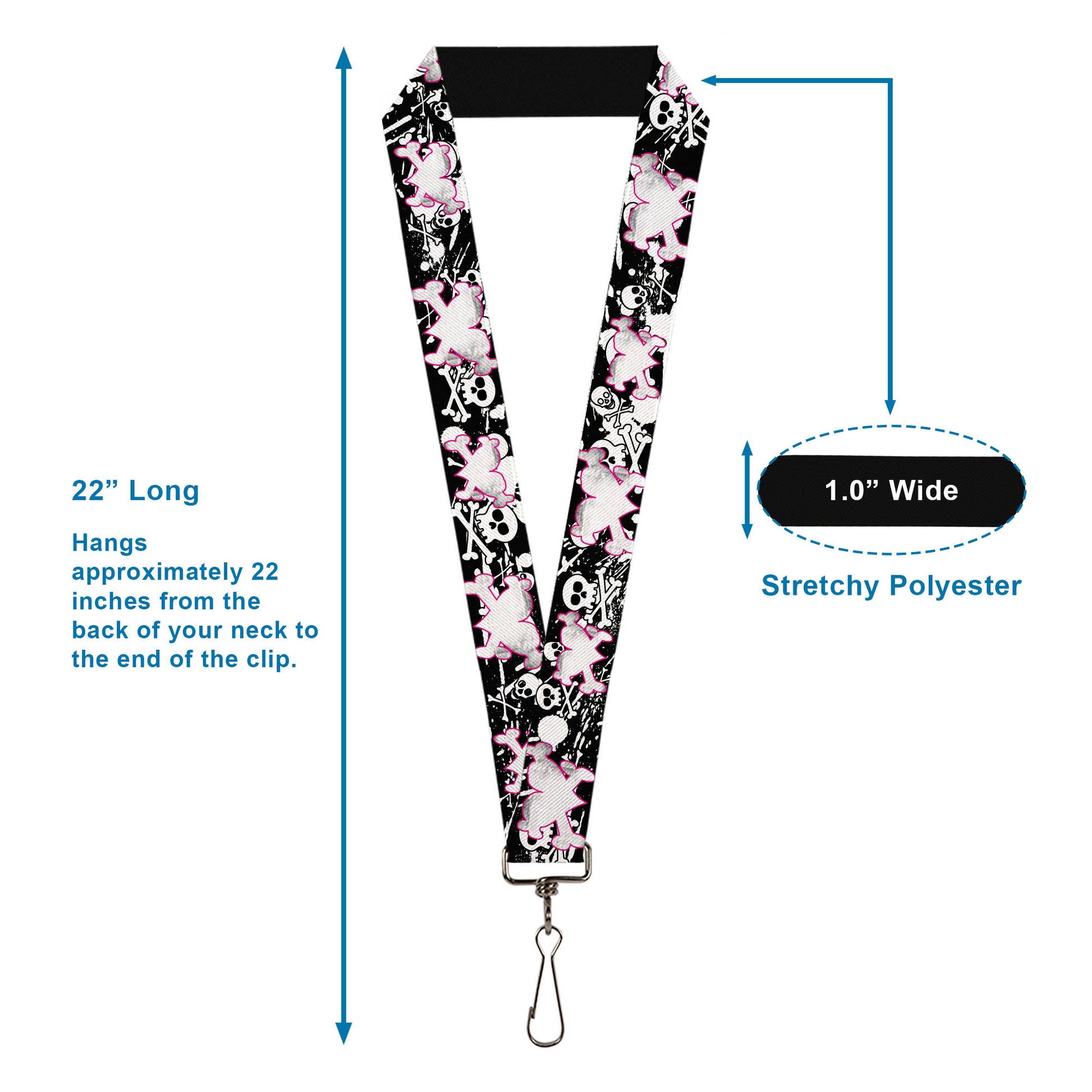 Lanyard - 1.0" - Heart & Cross Bones w Skulls & Splatter Black White Lanyards Buckle-Down