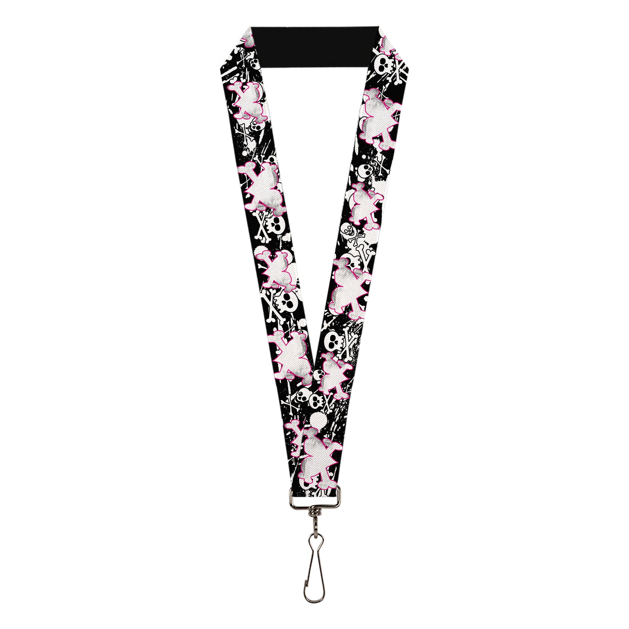 Lanyard - 1.0" - Heart & Cross Bones w Skulls & Splatter Black White Lanyards Buckle-Down