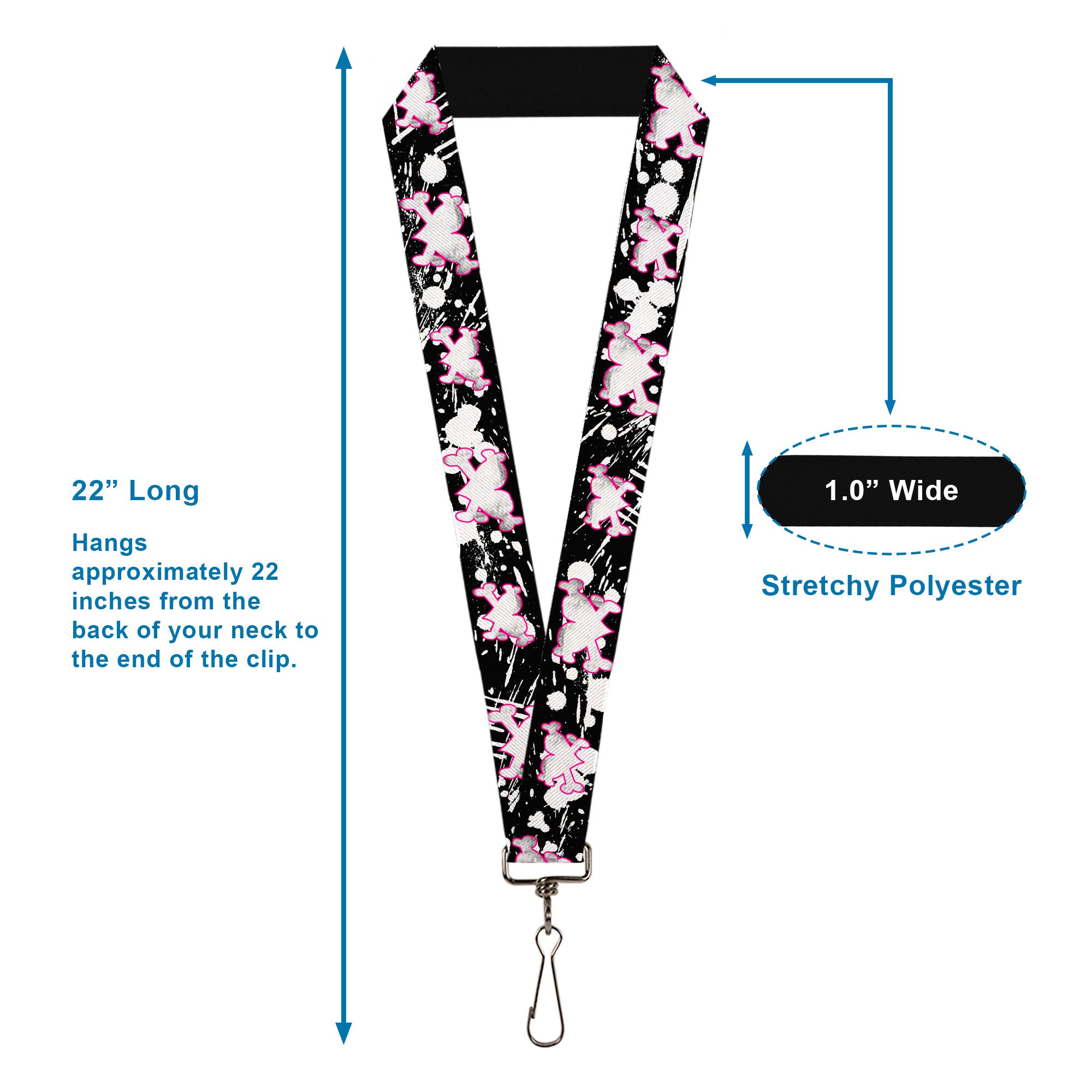 Lanyard - 1.0" - Heart & Cross Bones w Splatter Black White Lanyards Buckle-Down