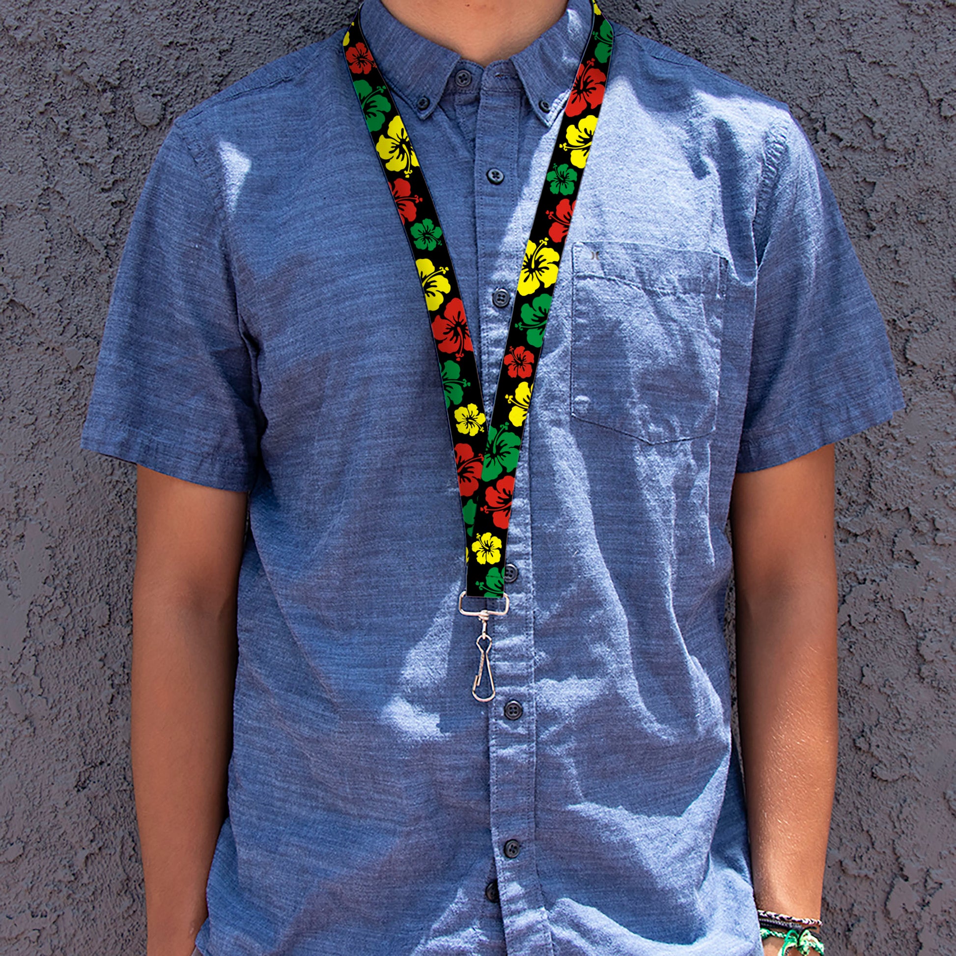 Lanyard - 1.0" - Hibiscus CLOSE-UP Black Green Yellow Red Lanyards Buckle-Down