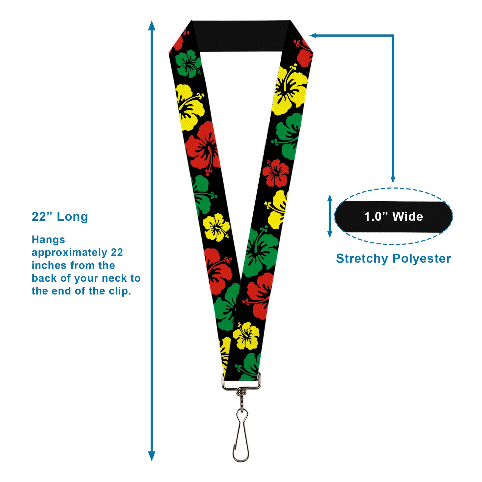 Lanyard - 1.0" - Hibiscus CLOSE-UP Black Green Yellow Red Lanyards Buckle-Down