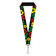 Lanyard - 1.0" - Hibiscus CLOSE-UP Black Green Yellow Red Lanyards Buckle-Down
