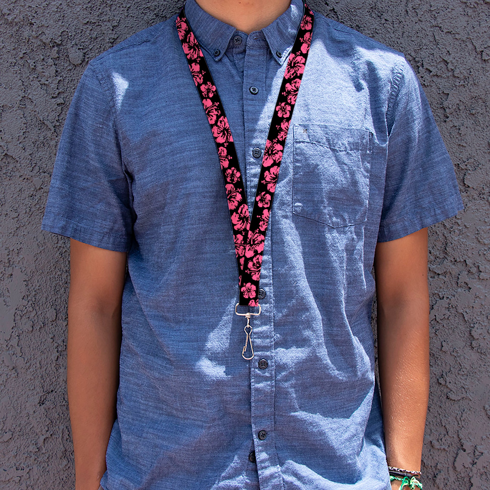 Lanyard - 1.0" - Hibiscus Weathered Black Pink Lanyards Buckle-Down
