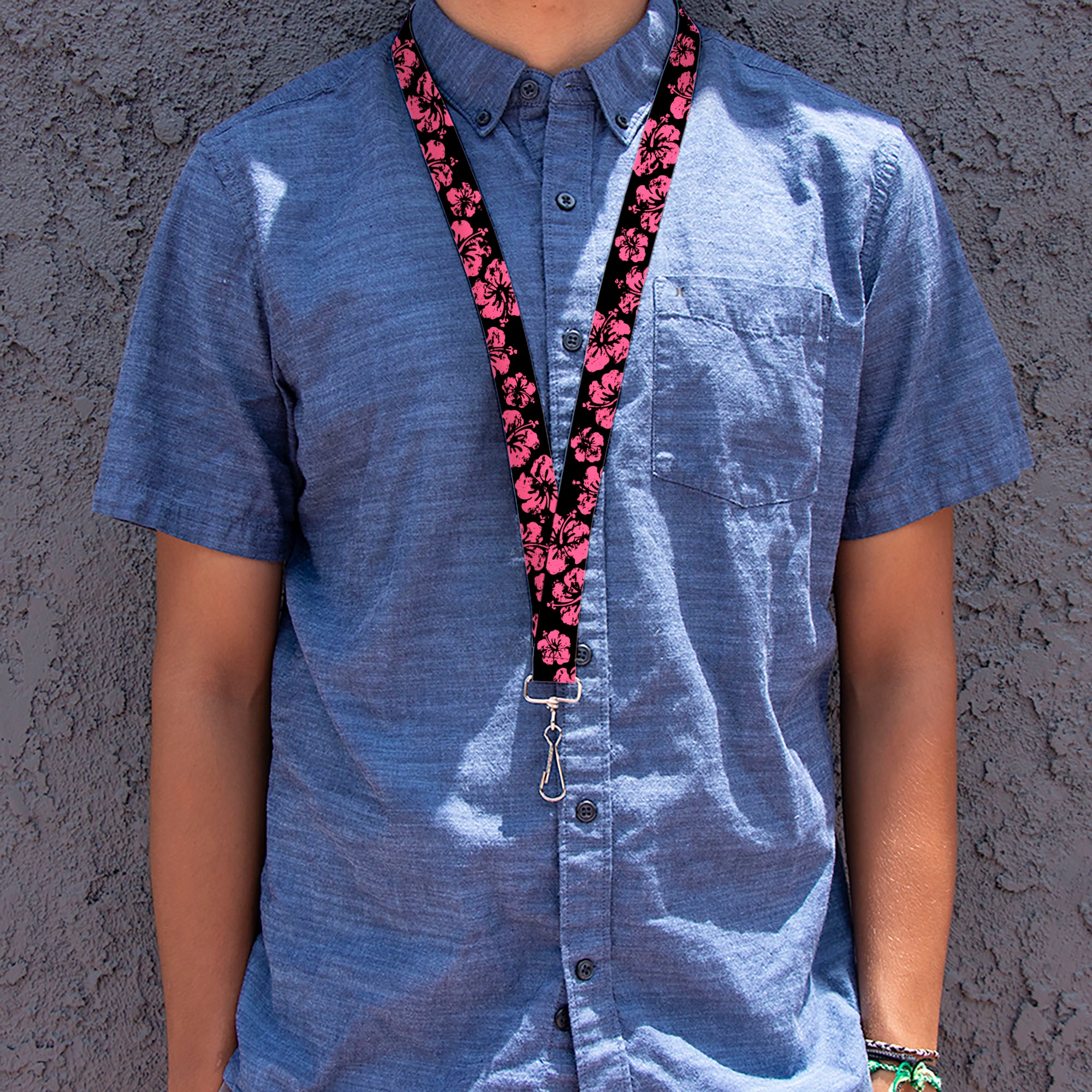 Lanyard - 1.0" - Hibiscus Weathered Black Pink Lanyards Buckle-Down