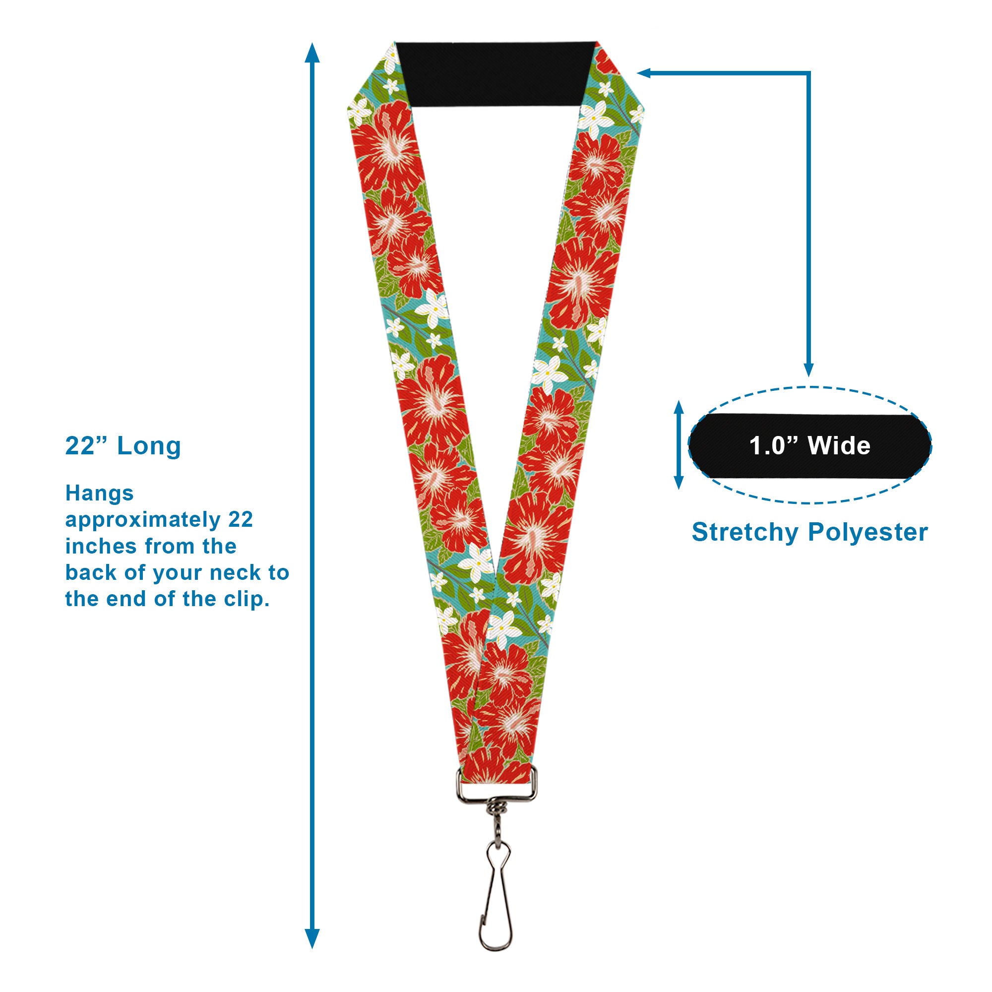 Lanyard - 1.0" - Hibiscus & Plumerias Turquoise Greed Red White Lanyards Buckle-Down