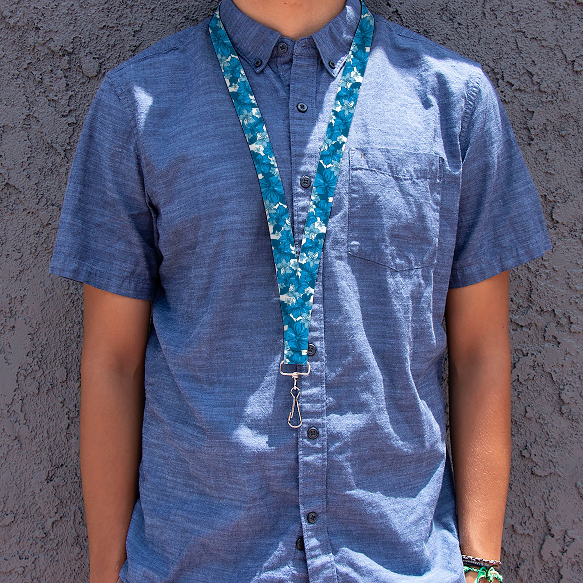 Lanyard - 1.0" - Hibiscus Collage White Blues Lanyards Buckle-Down