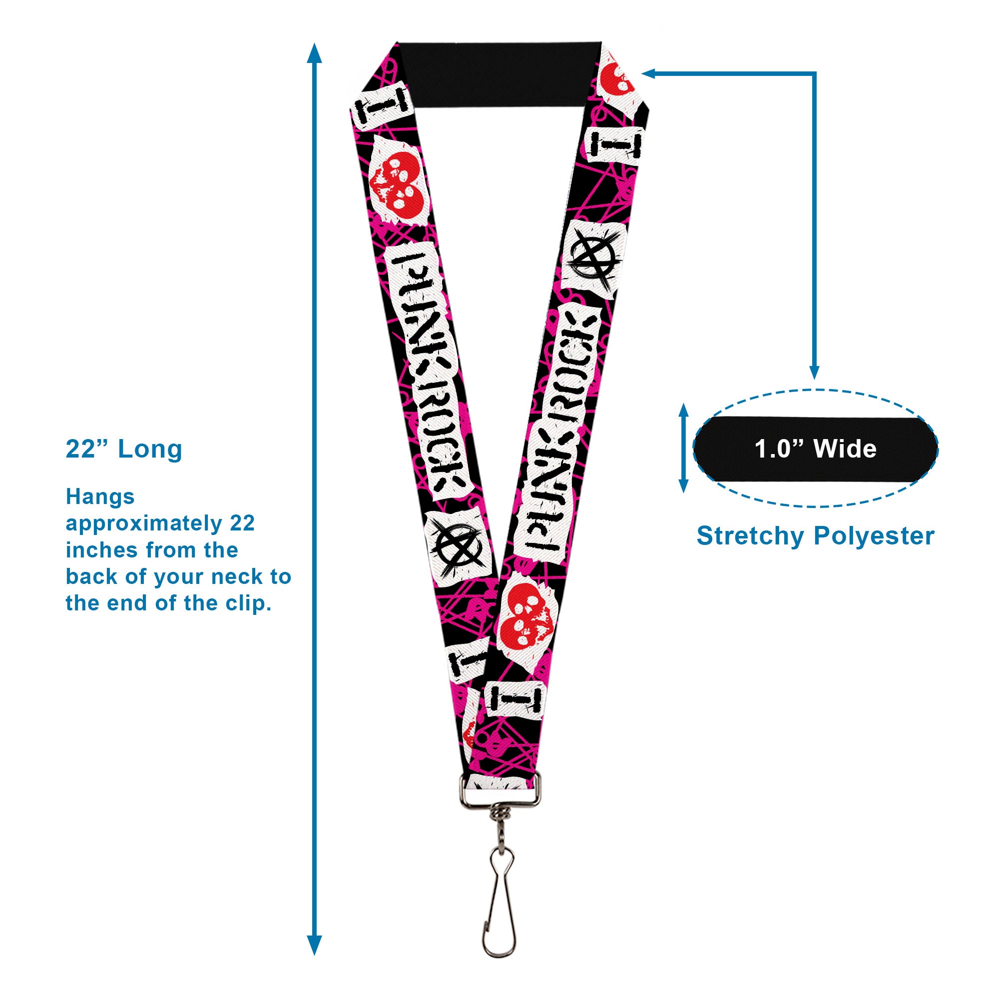 Lanyard - 1.0" - I Heart Punk Rock w Safety Pins Black Fuchsia White Lanyards Buckle-Down