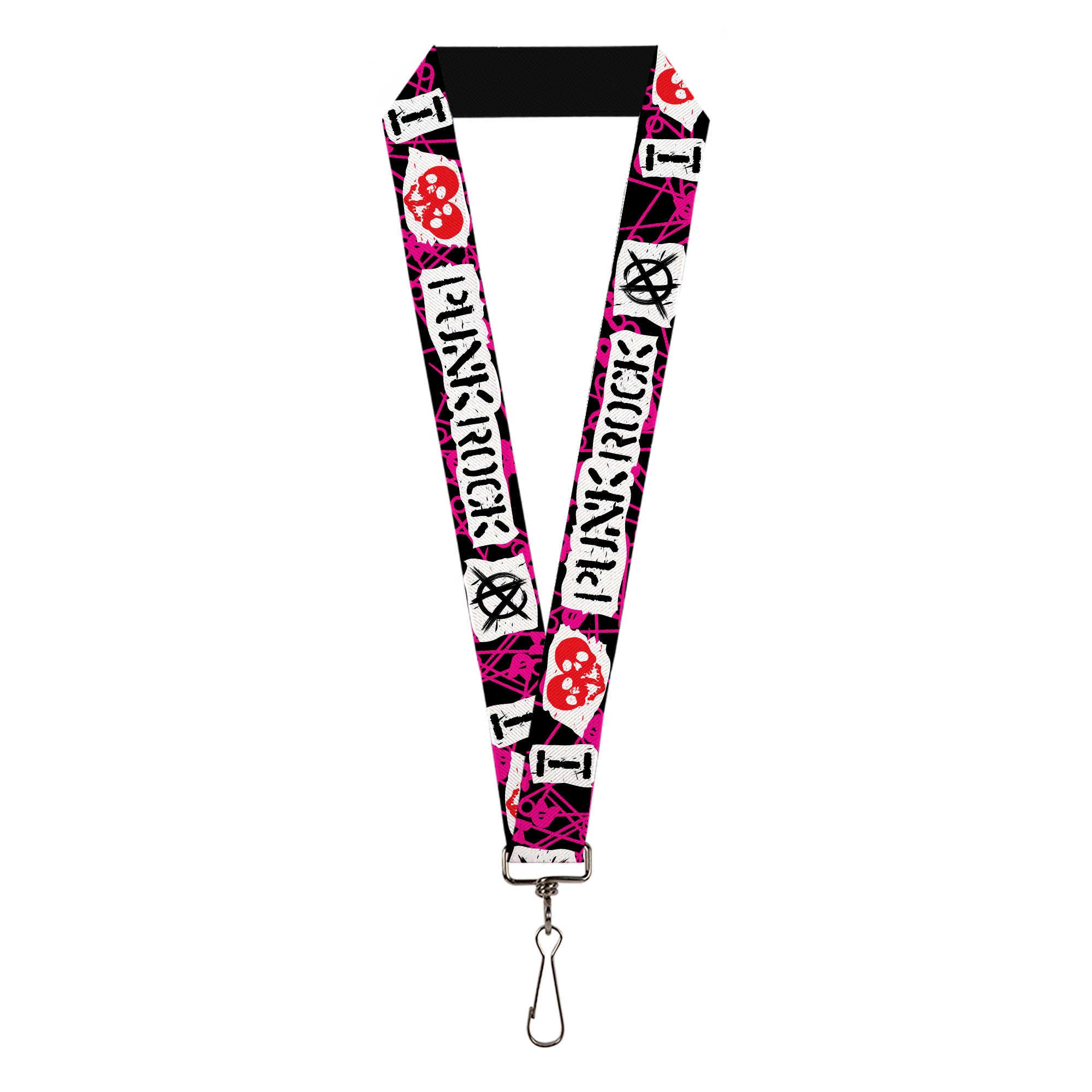 Lanyard - 1.0" - I Heart Punk Rock w Safety Pins Black Fuchsia White Lanyards Buckle-Down