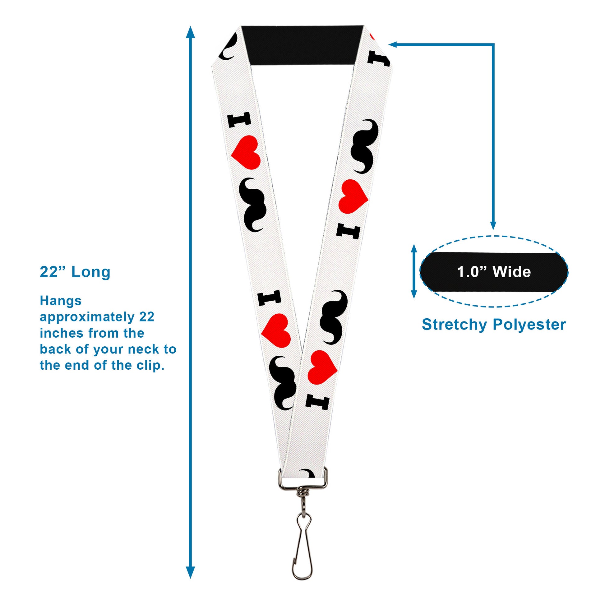 Lanyard - 1.0" - I "Heart Mustache" White Black Red Lanyards Buckle-Down