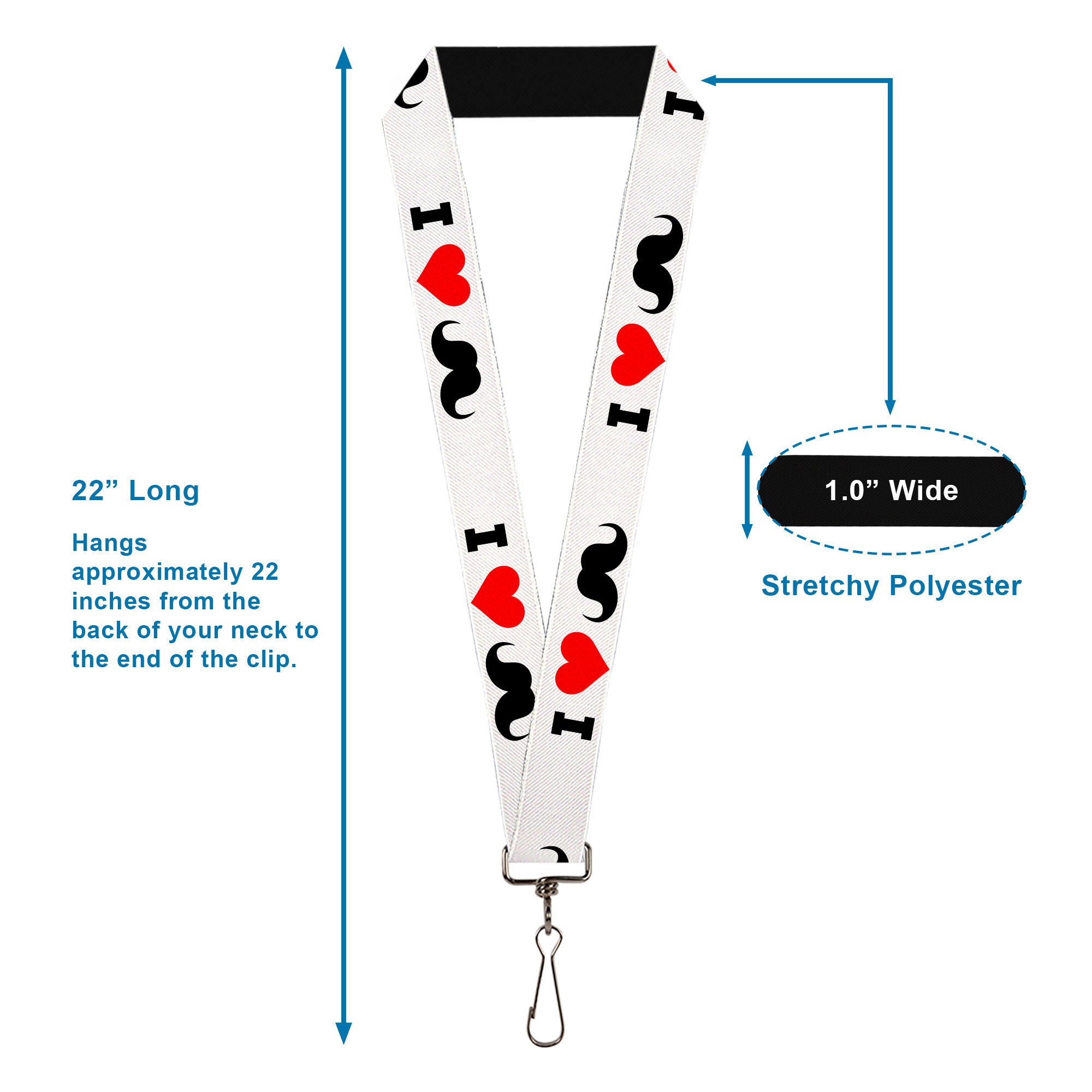 Lanyard - 1.0" - I "Heart Mustache" White Black Red Lanyards Buckle-Down