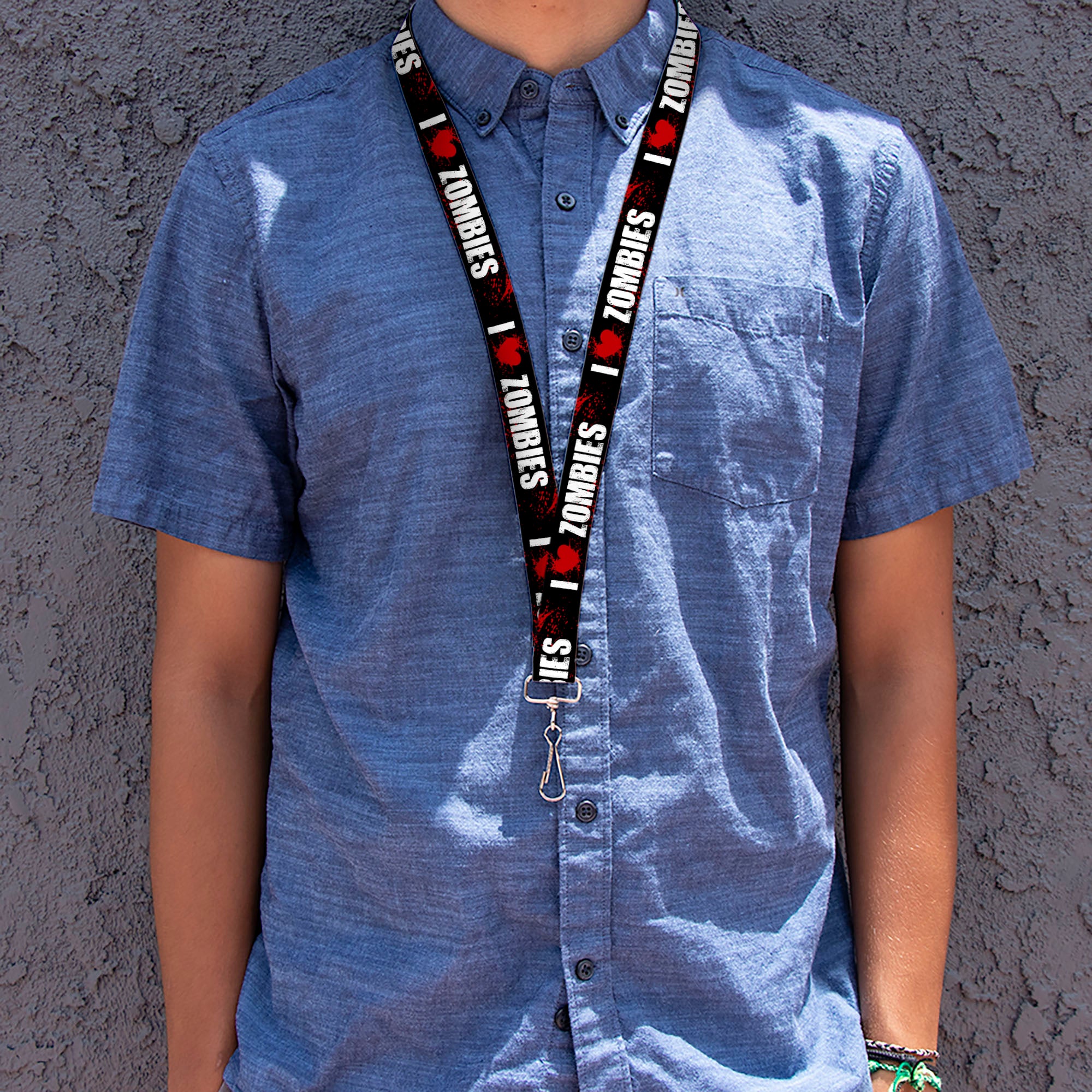 Lanyard - 1.0" - I "HEART" ZOMBIES Black White Red Splatter Lanyards Buckle-Down