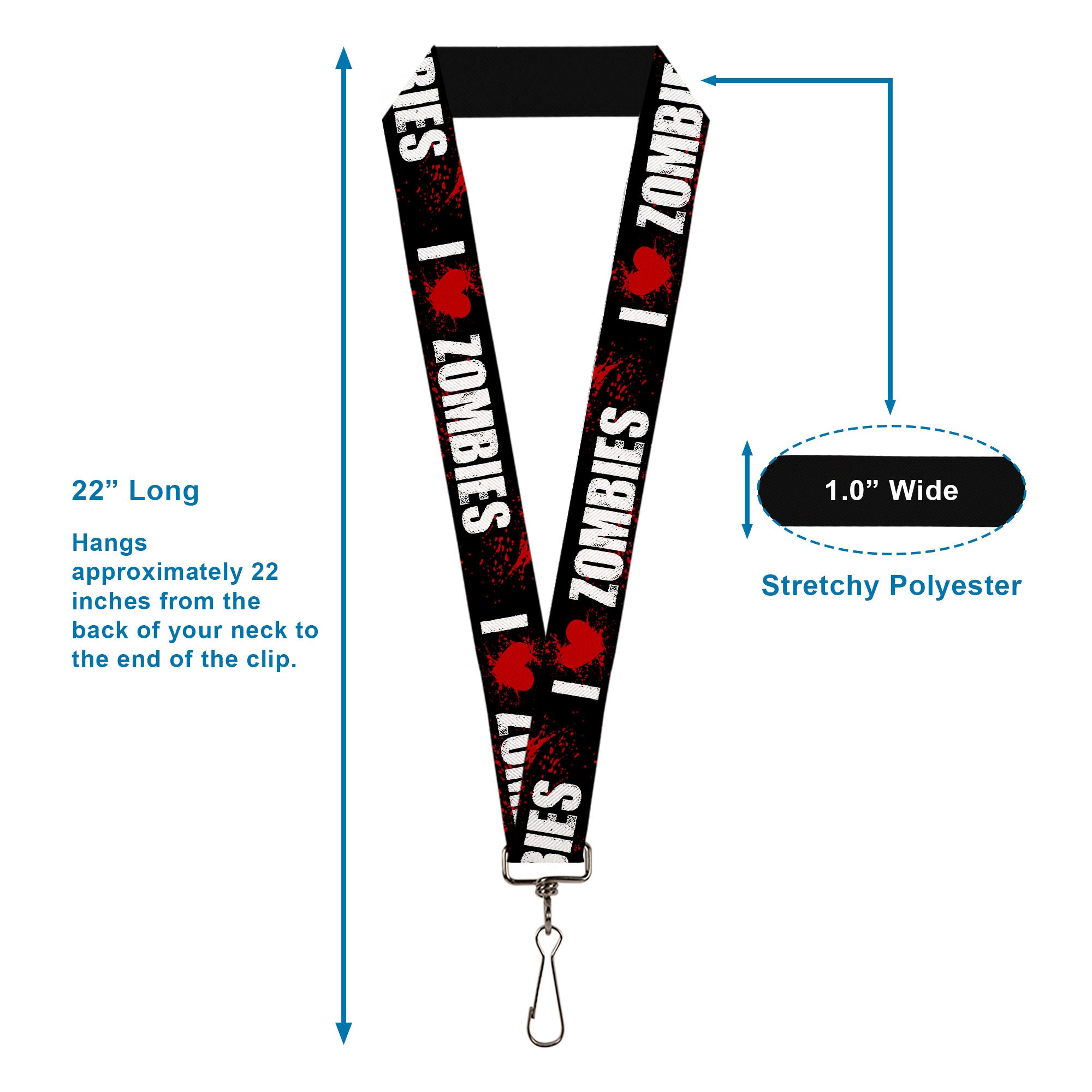 Lanyard - 1.0" - I "HEART" ZOMBIES Black White Red Splatter Lanyards Buckle-Down