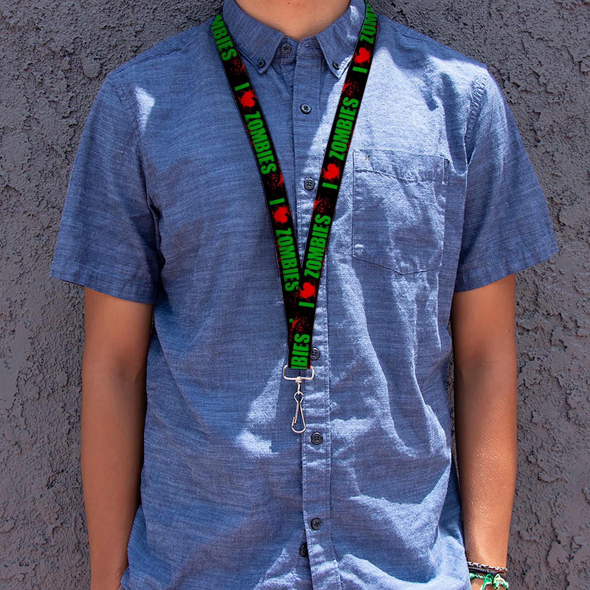 Lanyard - 1.0" - I "HEART" ZOMBIES Black Green Red Splatter Lanyards Buckle-Down