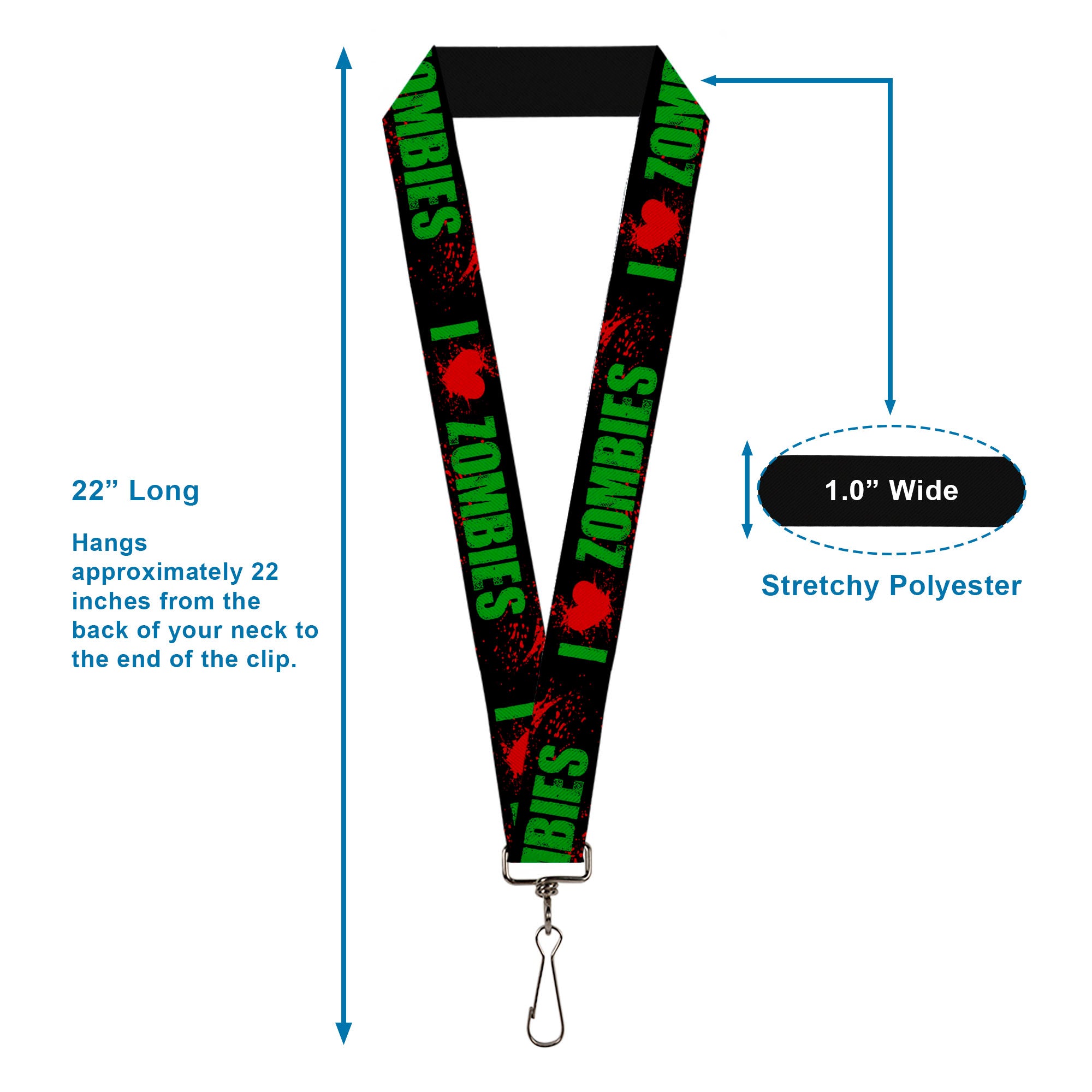Lanyard - 1.0" - I "HEART" ZOMBIES Black Green Red Splatter Lanyards Buckle-Down