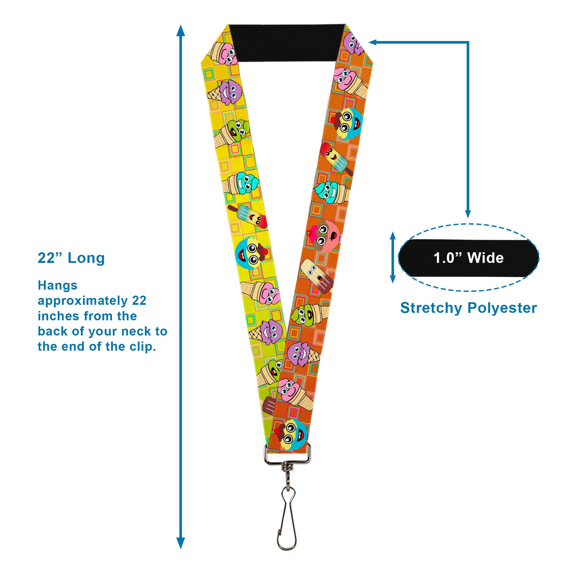 Lanyard - 1.0" - Ice Cream Cone & Popsicle Expressions Squares Multi Color Lanyards Buckle-Down