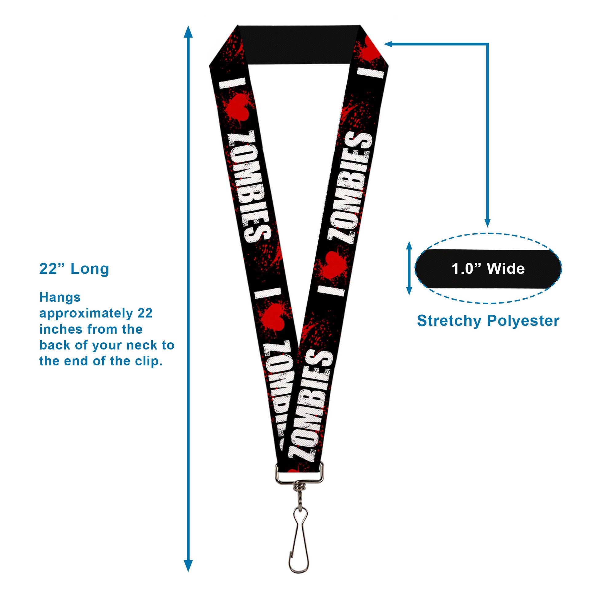 Lanyard - 1.0" - I "Heart" ZOMBIES Bold Splatter Black White Red Lanyards Buckle-Down
