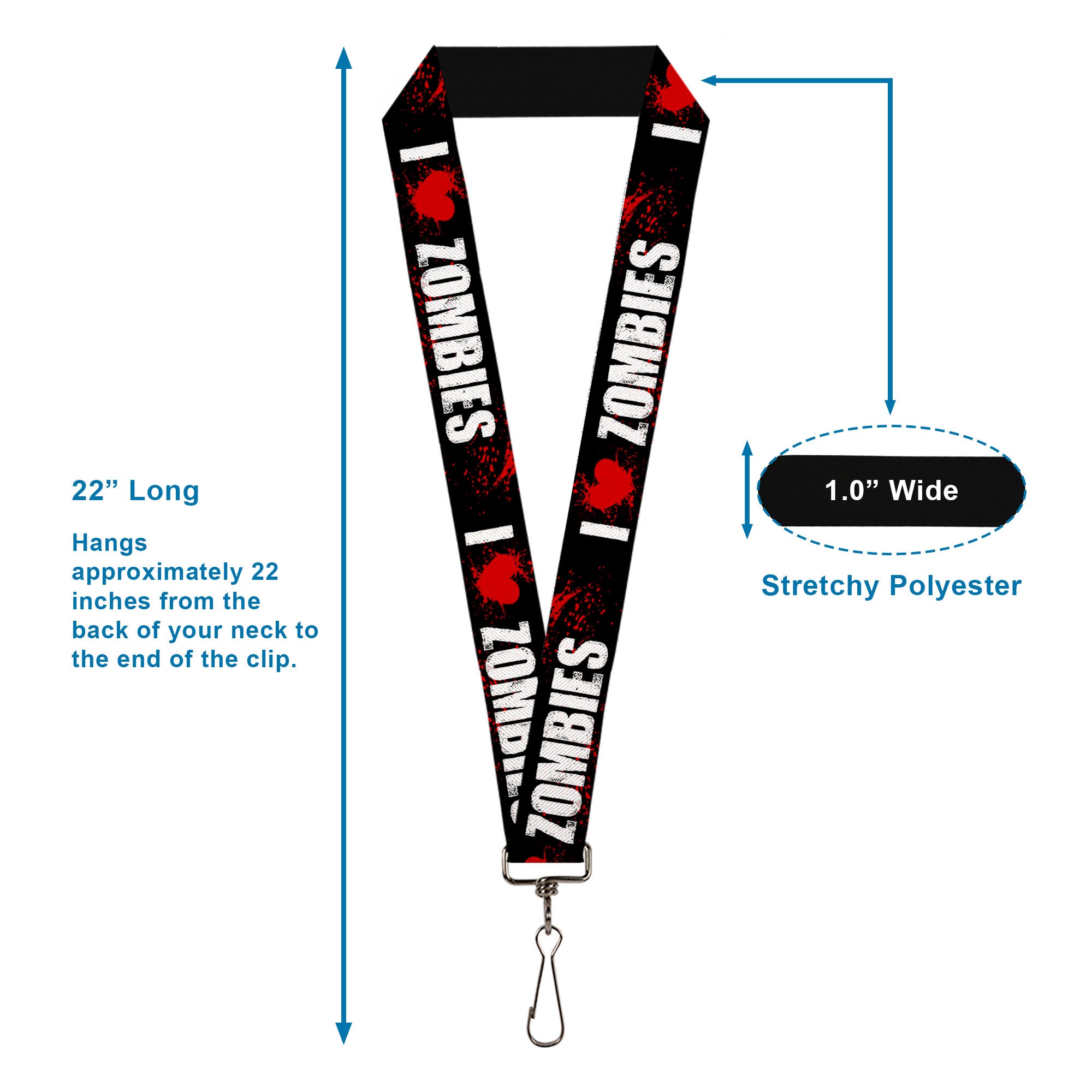 Lanyard - 1.0" - I "Heart" ZOMBIES Bold Splatter Black White Red Lanyards Buckle-Down