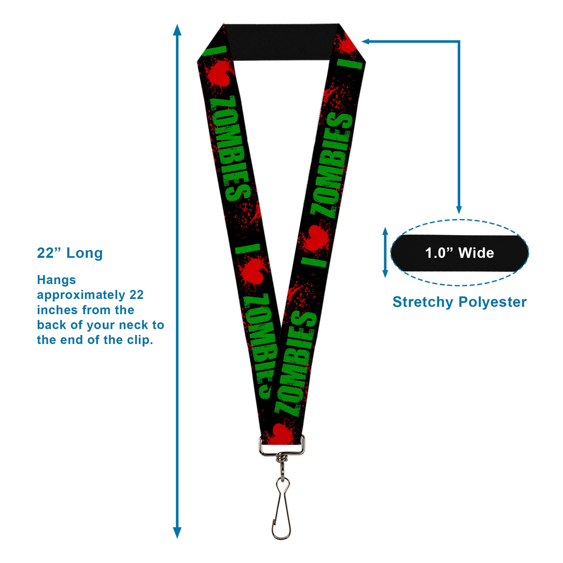 Lanyard - 1.0" - I "Heart" ZOMBIES Bold Splatter Black Green Red Lanyards Buckle-Down