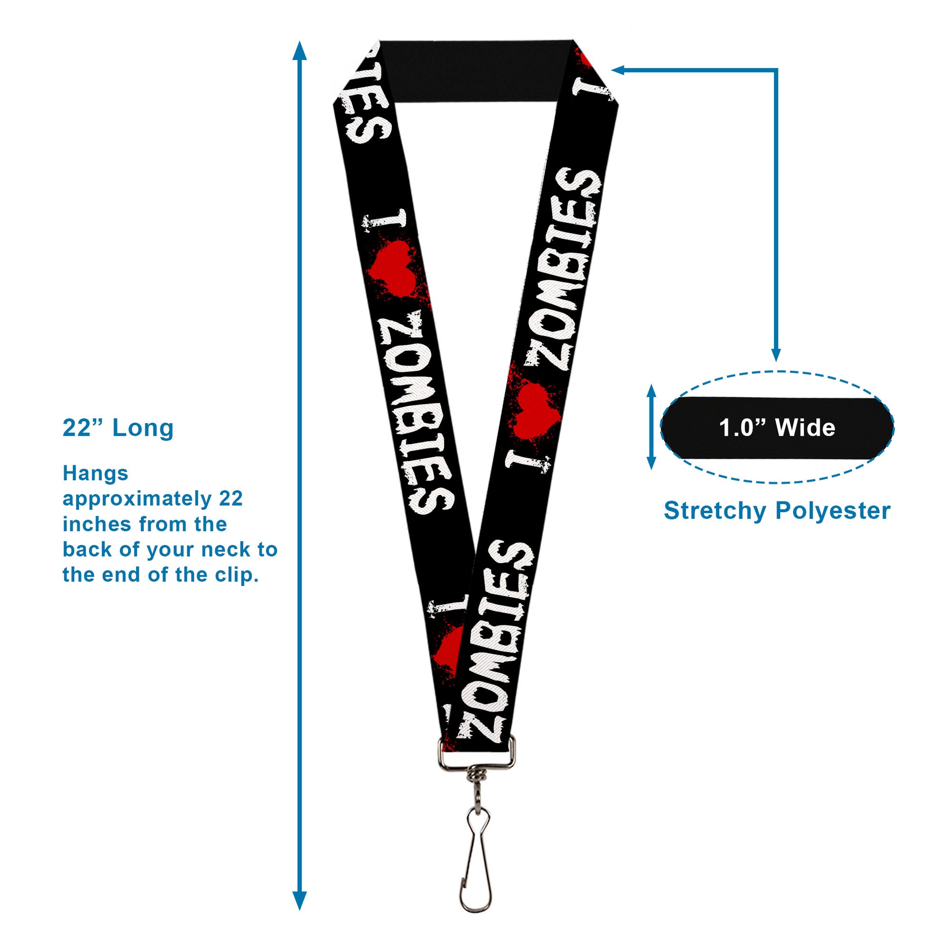 Lanyard - 1.0" - I "Heart" ZOMBIES Bloody Splatter Black White Red Lanyards Buckle-Down