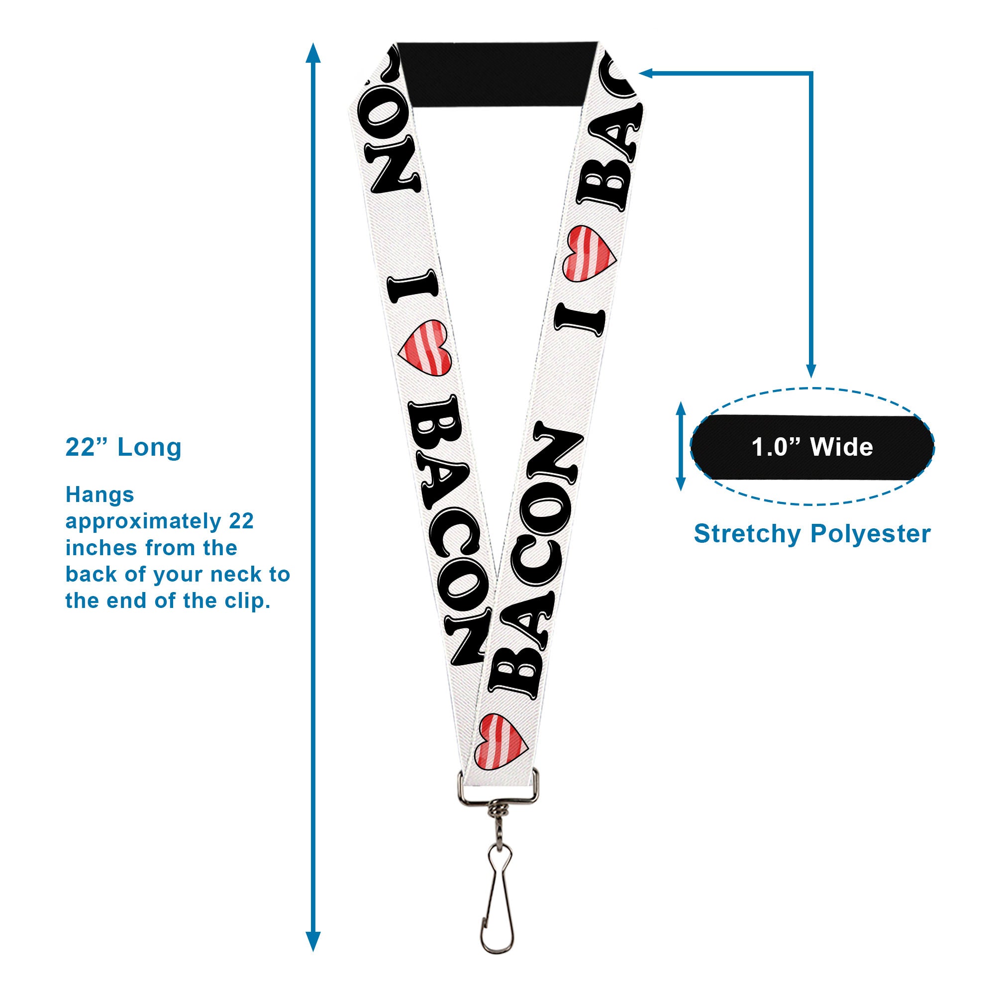 Lanyard - 1.0" - I "Heart" BACON White Black Bacon Lanyards Buckle-Down