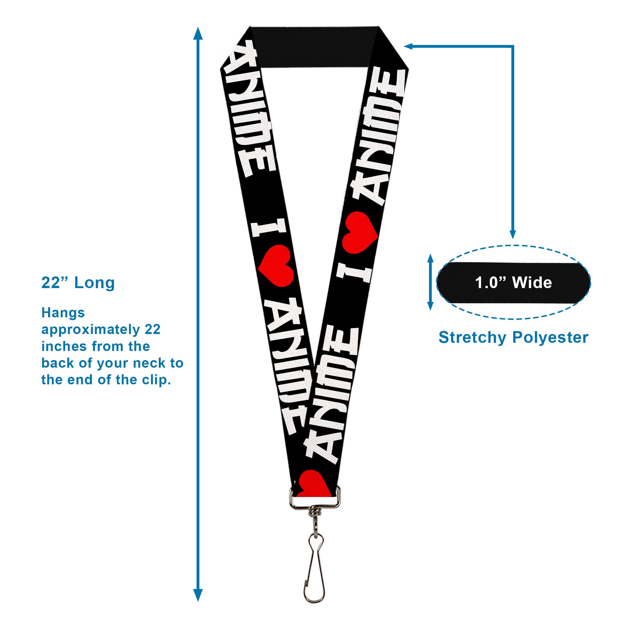Lanyard - 1.0" - I "Heart" ANIME Bold Black White Red Lanyards Buckle-Down