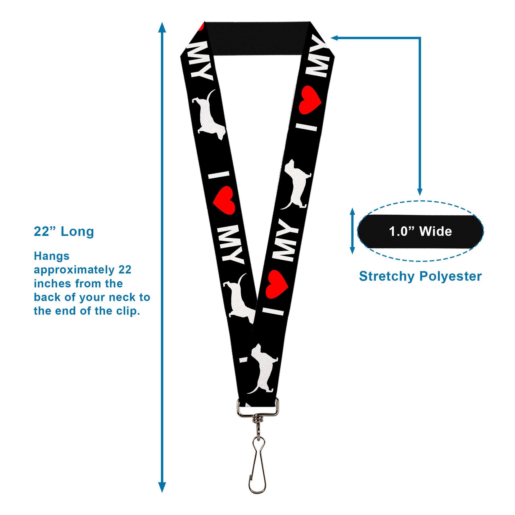 Lanyard - 1.0" - I "HEART" MY "WEINER" Dog Silhouette Black White Red Lanyards Buckle-Down