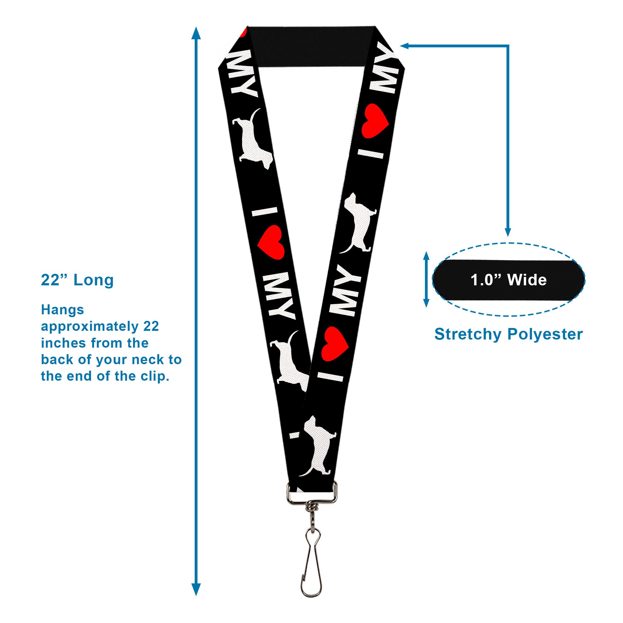 Lanyard - 1.0" - I "HEART" MY "WEINER" Dog Silhouette Black White Red Lanyards Buckle-Down