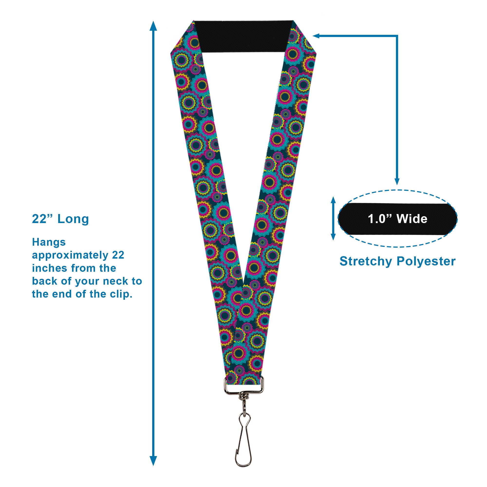 Lanyard - 1.0" - Jagged Rings Teals Fuchsia Yellow Lanyards Buckle-Down