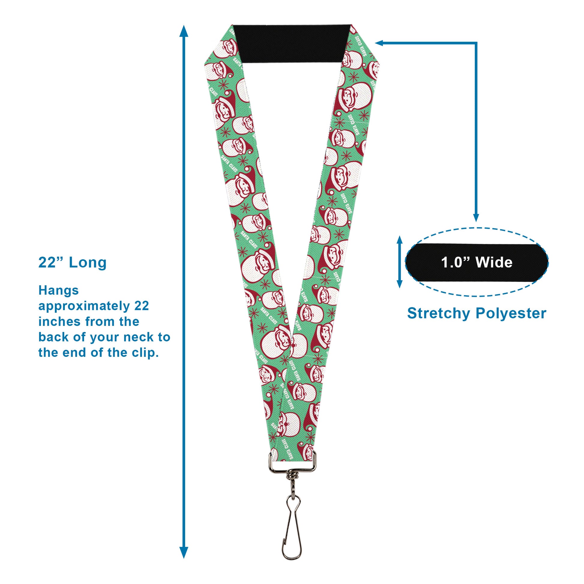 Lanyard - 1.0" - Jolly SANTA CLAUS Christmas Smiling Face Icon and Text Green/Red/White Lanyards Buckle-Down