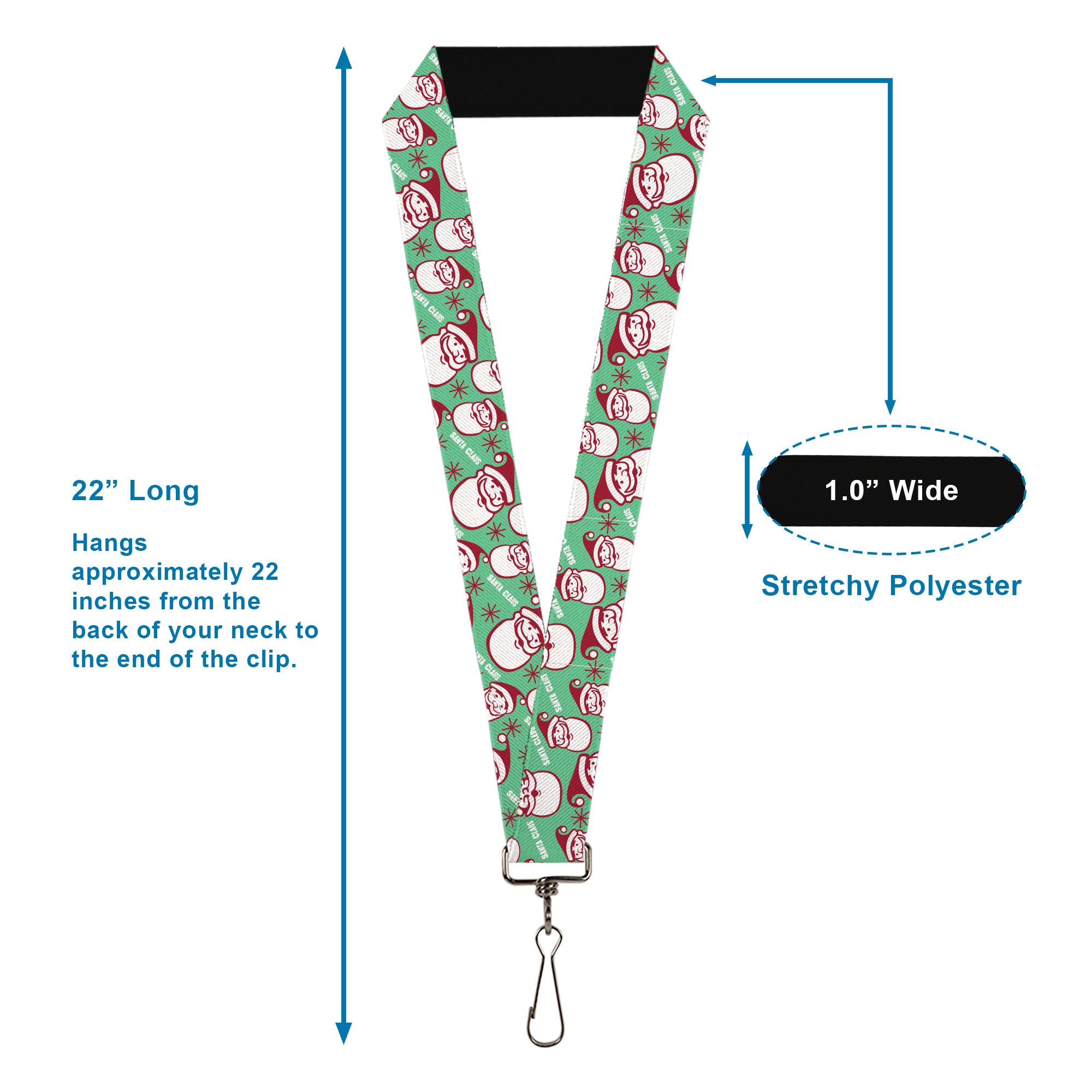 Lanyard - 1.0" - Jolly SANTA CLAUS Christmas Smiling Face Icon and Text Green/Red/White Lanyards Buckle-Down